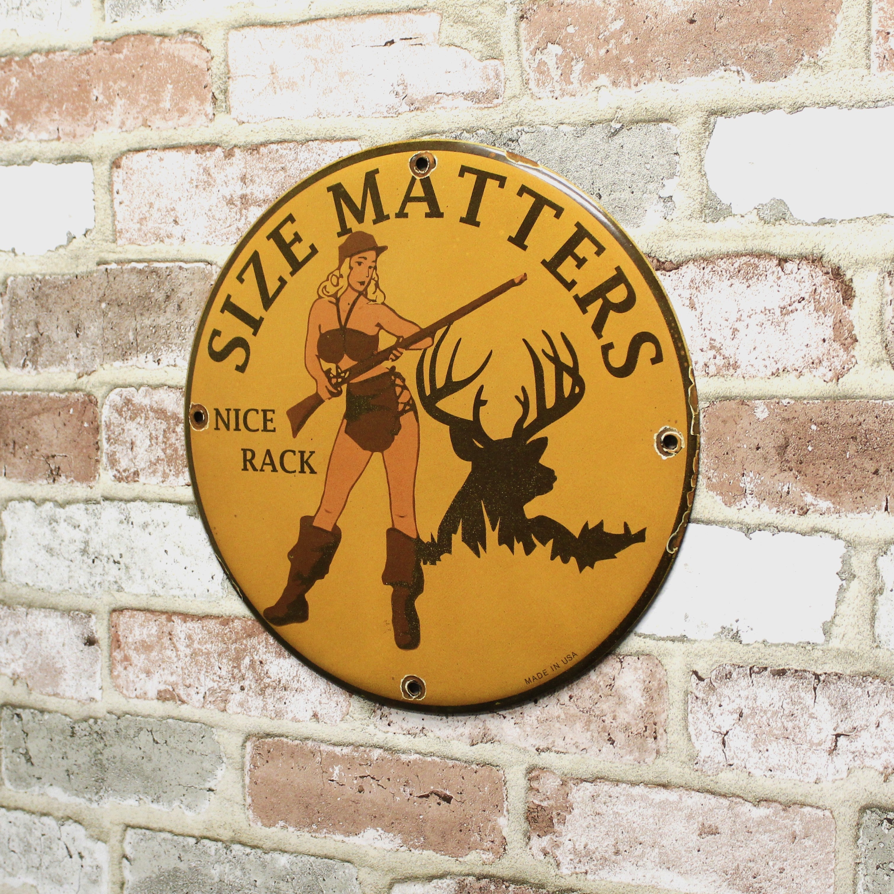Size Matters Nice Rack Porcelain Enamel Sign (12in)