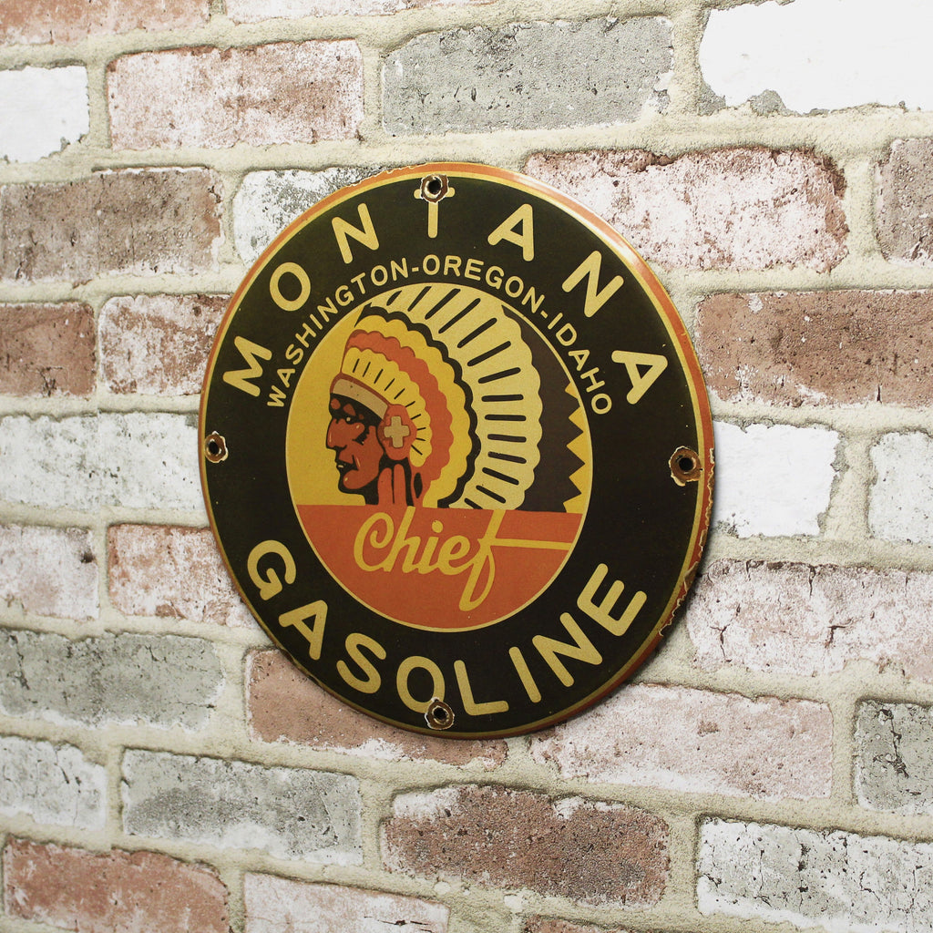 Montana Chief Gasoline Porcelain Enamel Sign (12in)