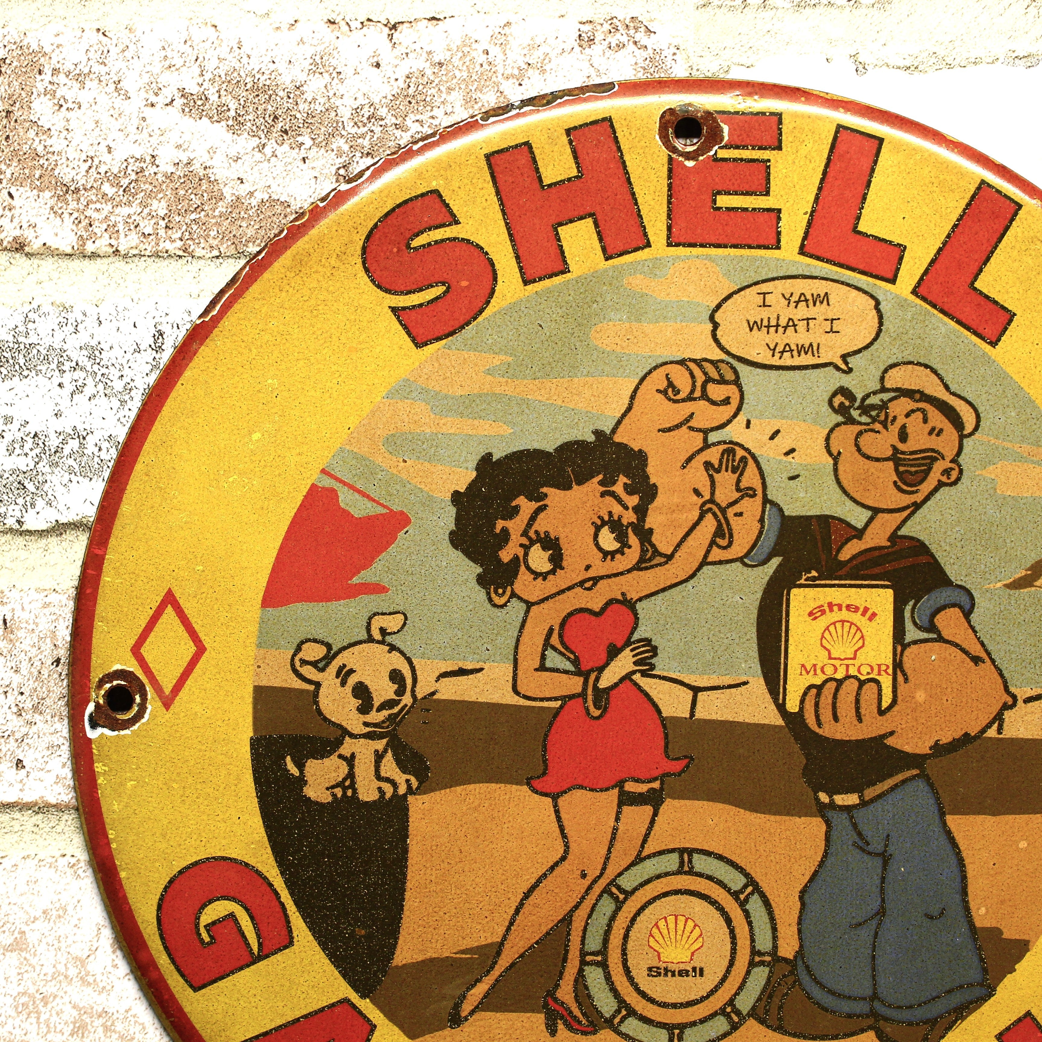 Shell Gasoline with Betty Boop & Popeye Porcelain Enamel Sign (12In)