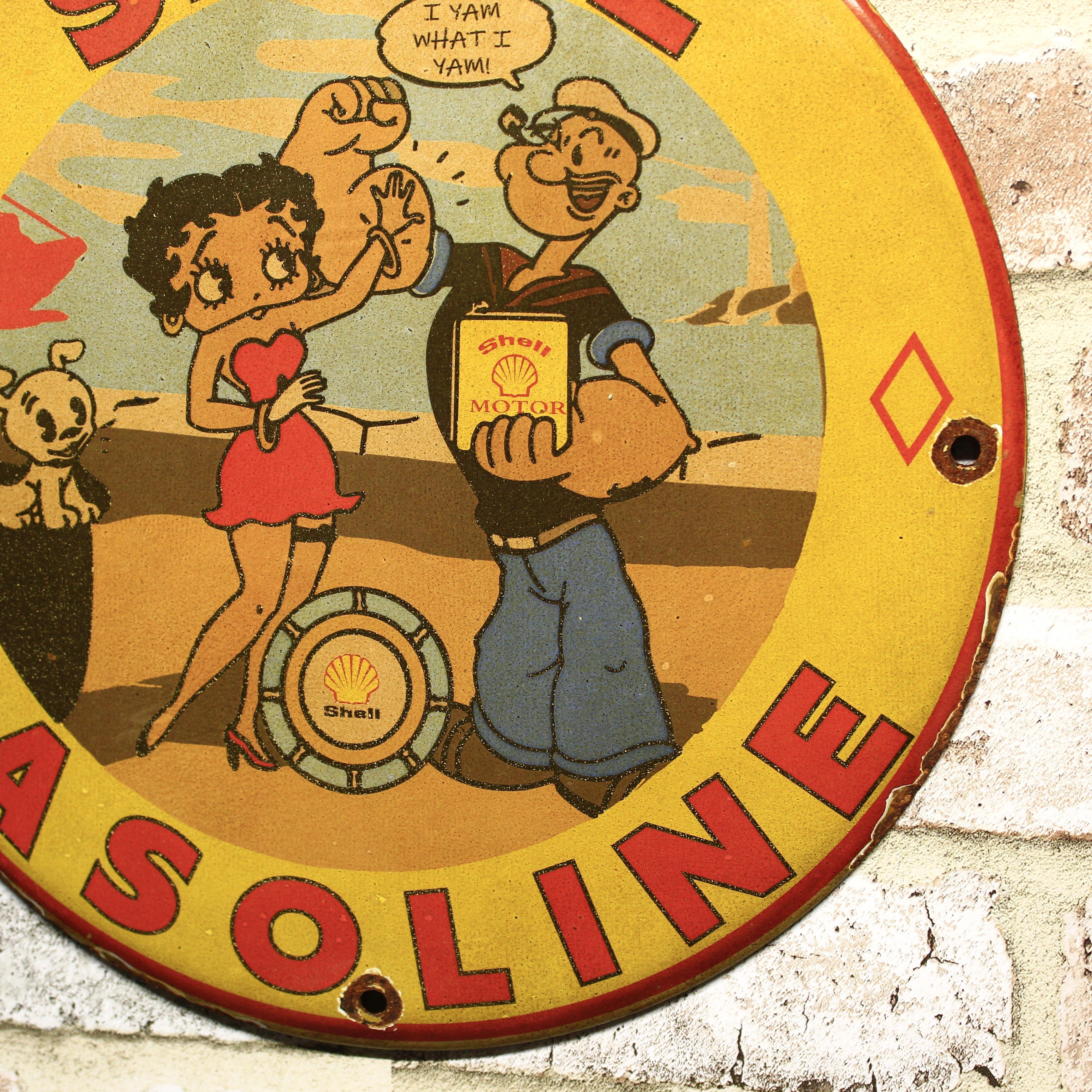 Shell Gasoline with Betty Boop & Popeye Porcelain Enamel Sign (12In)