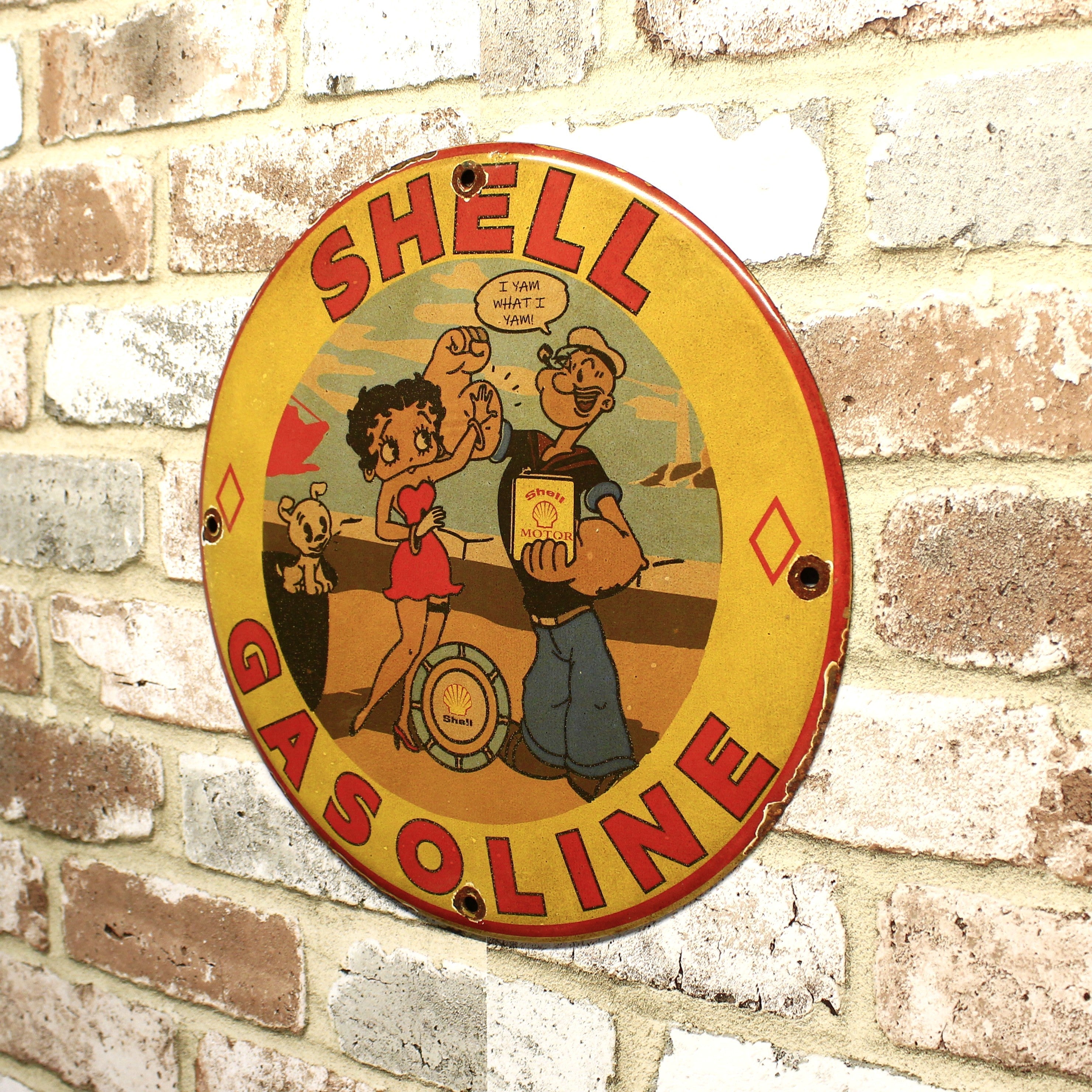 Shell Gasoline with Betty Boop & Popeye Porcelain Enamel Sign (12In)