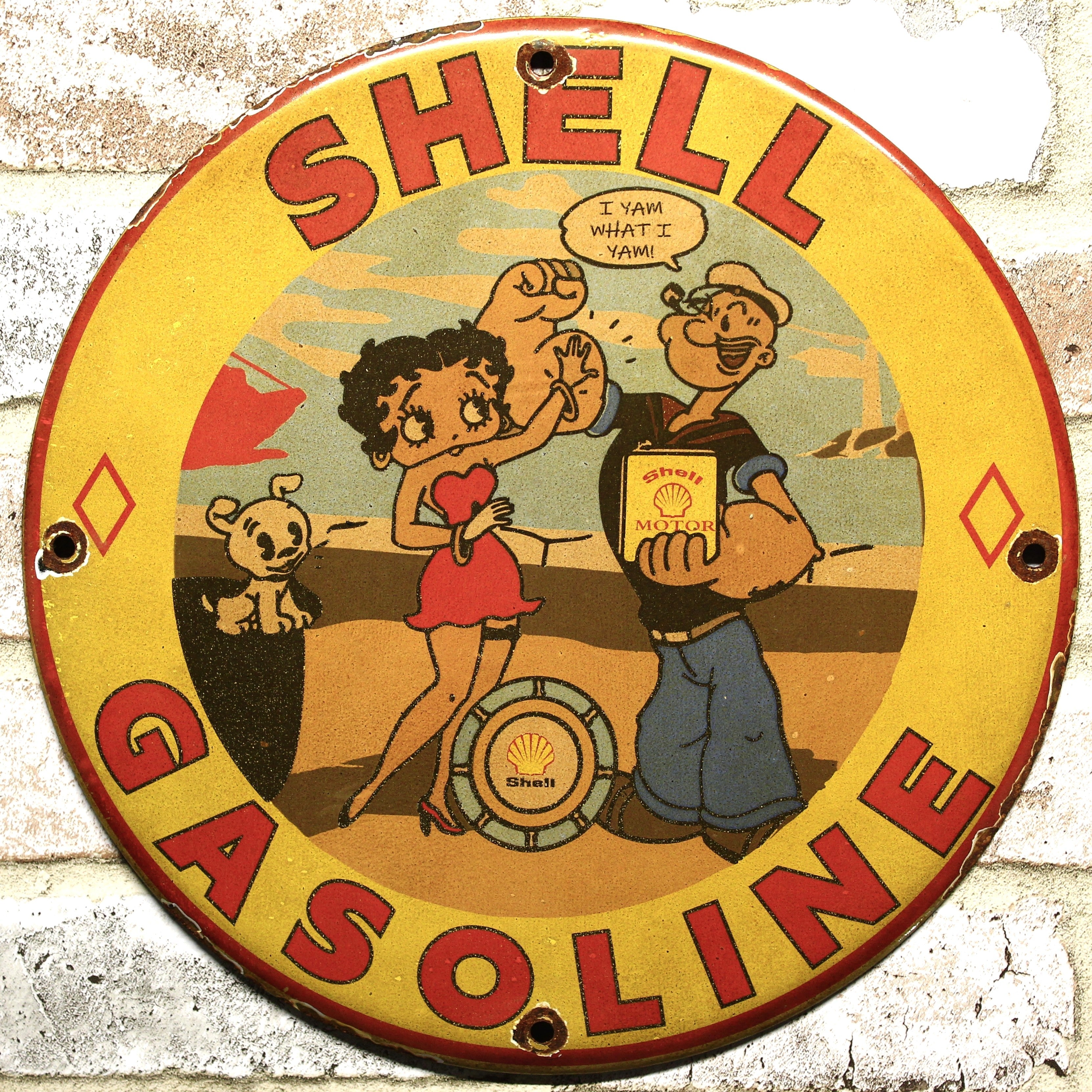 Shell Gasoline with Betty Boop & Popeye Porcelain Enamel Sign (12In)