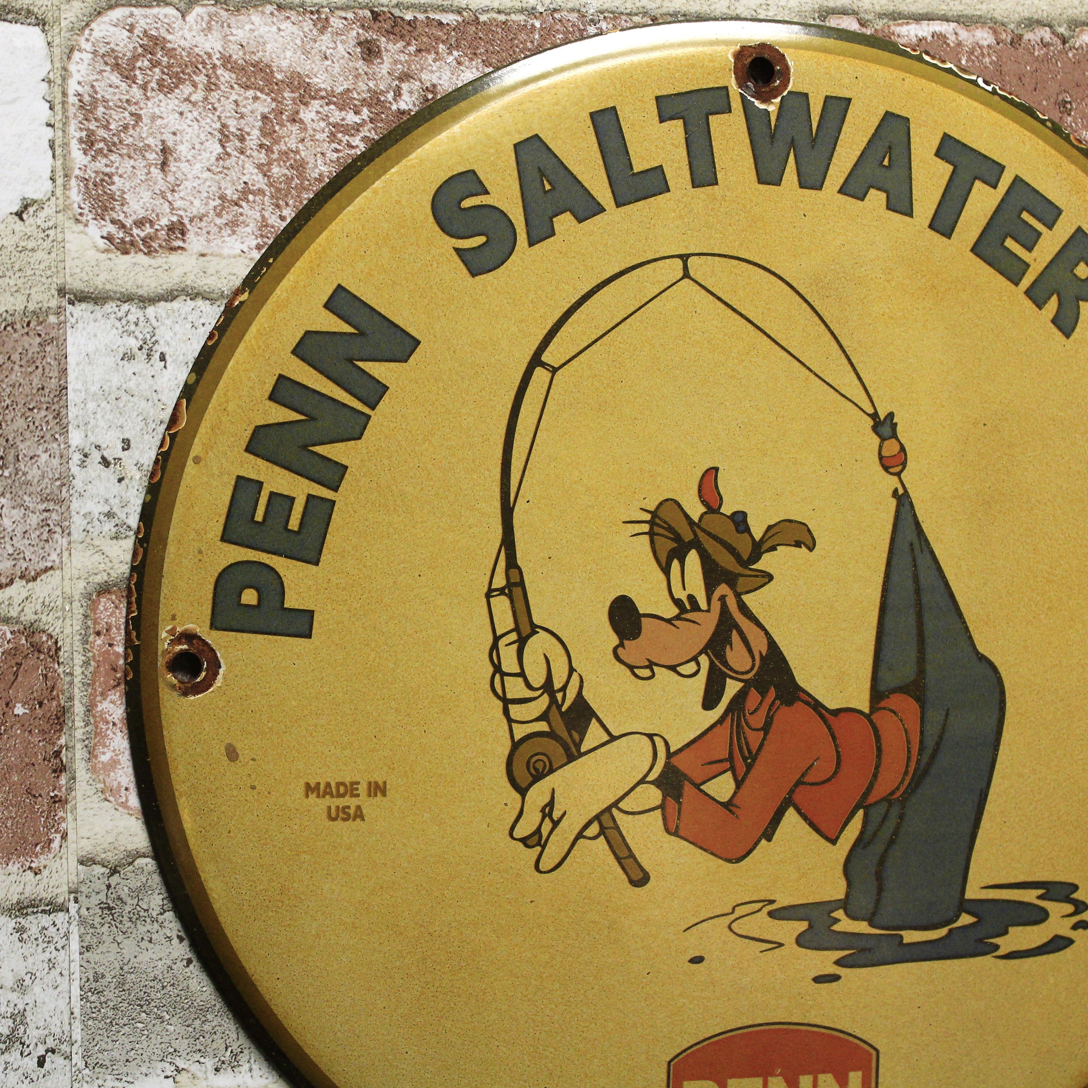 Penn Saltwater Reels with Goofy Fishing Vintage Porcelain Enamel Sign (12in)