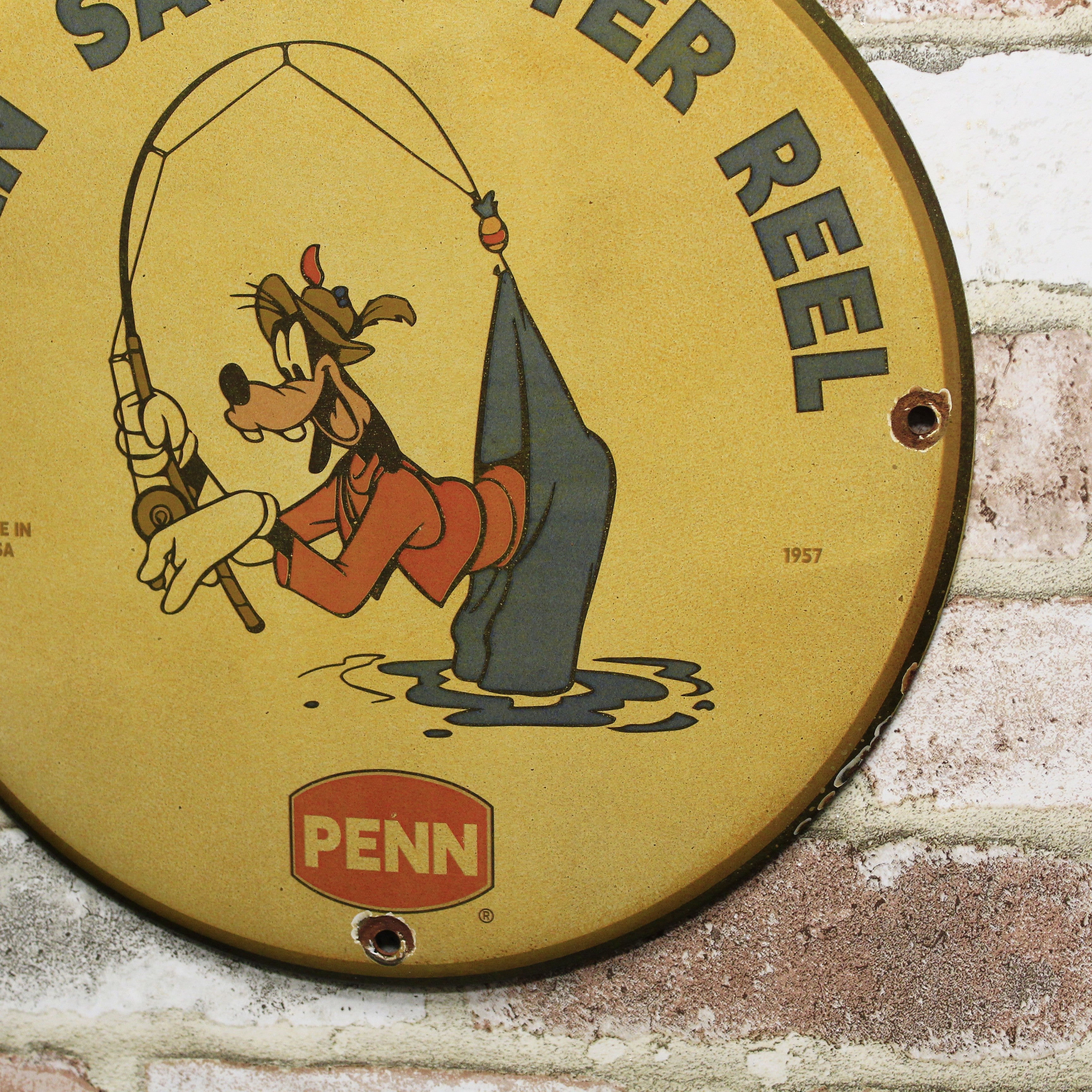 Penn Saltwater Reels with Goofy Fishing Vintage Porcelain Enamel Sign (12in)