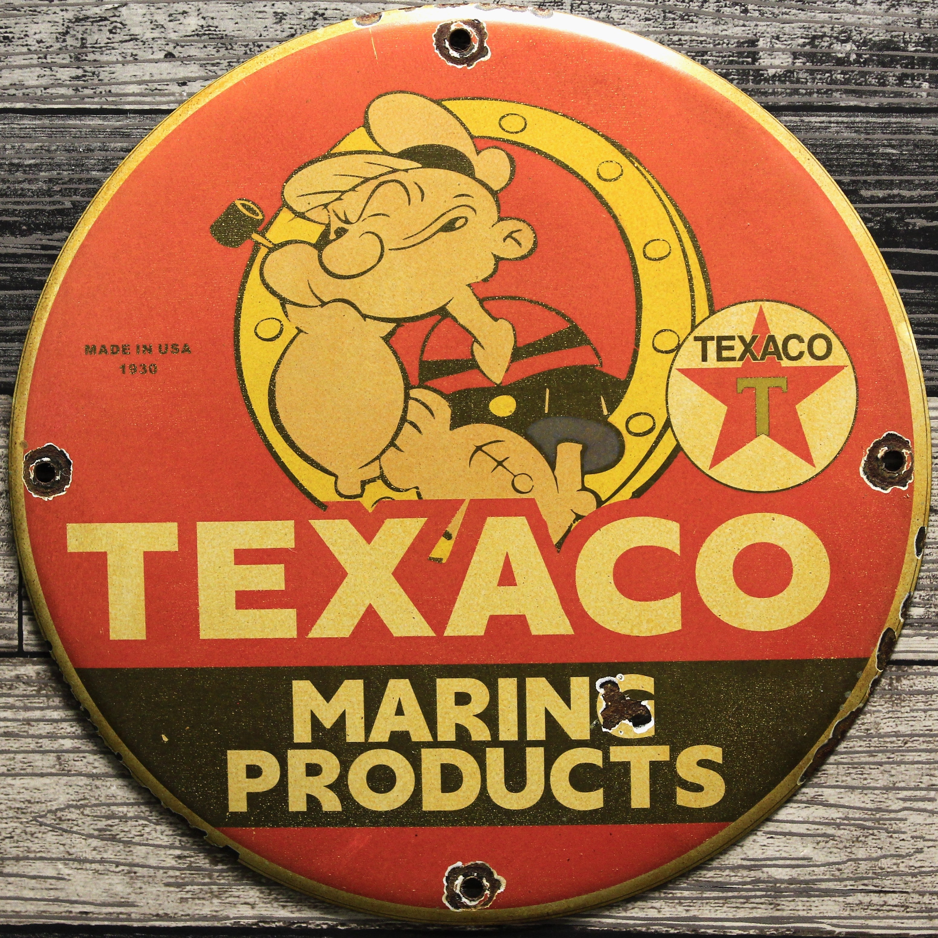 Texaco Marine Products 1930 with Popeye Porcelain Enamel Sign (12in)