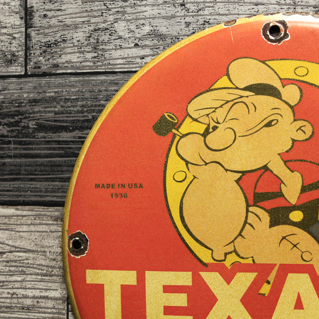 Texaco Marine Products 1930 with Popeye Porcelain Enamel Sign (12in)