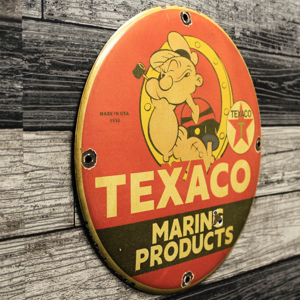 Texaco Marine Products 1930 with Popeye Porcelain Enamel Sign (12in)