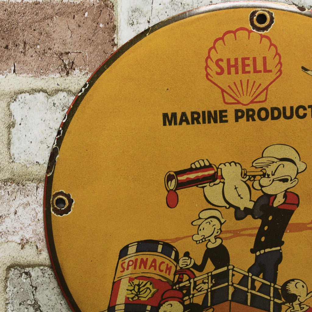 Shell Marine Products Popeye & Olive Porcelain Enamel Sign (12in)