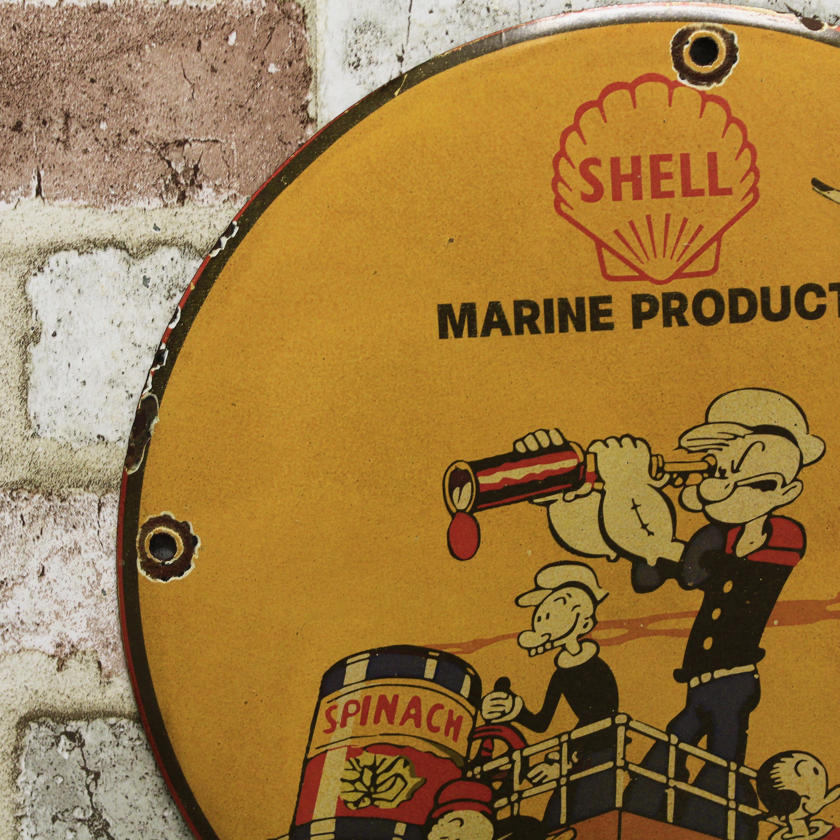 Shell Marine Products Popeye & Olive Porcelain Enamel Sign (12in)