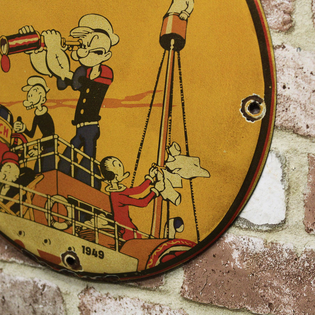 Shell Marine Products Popeye & Olive Porcelain Enamel Sign (12in)