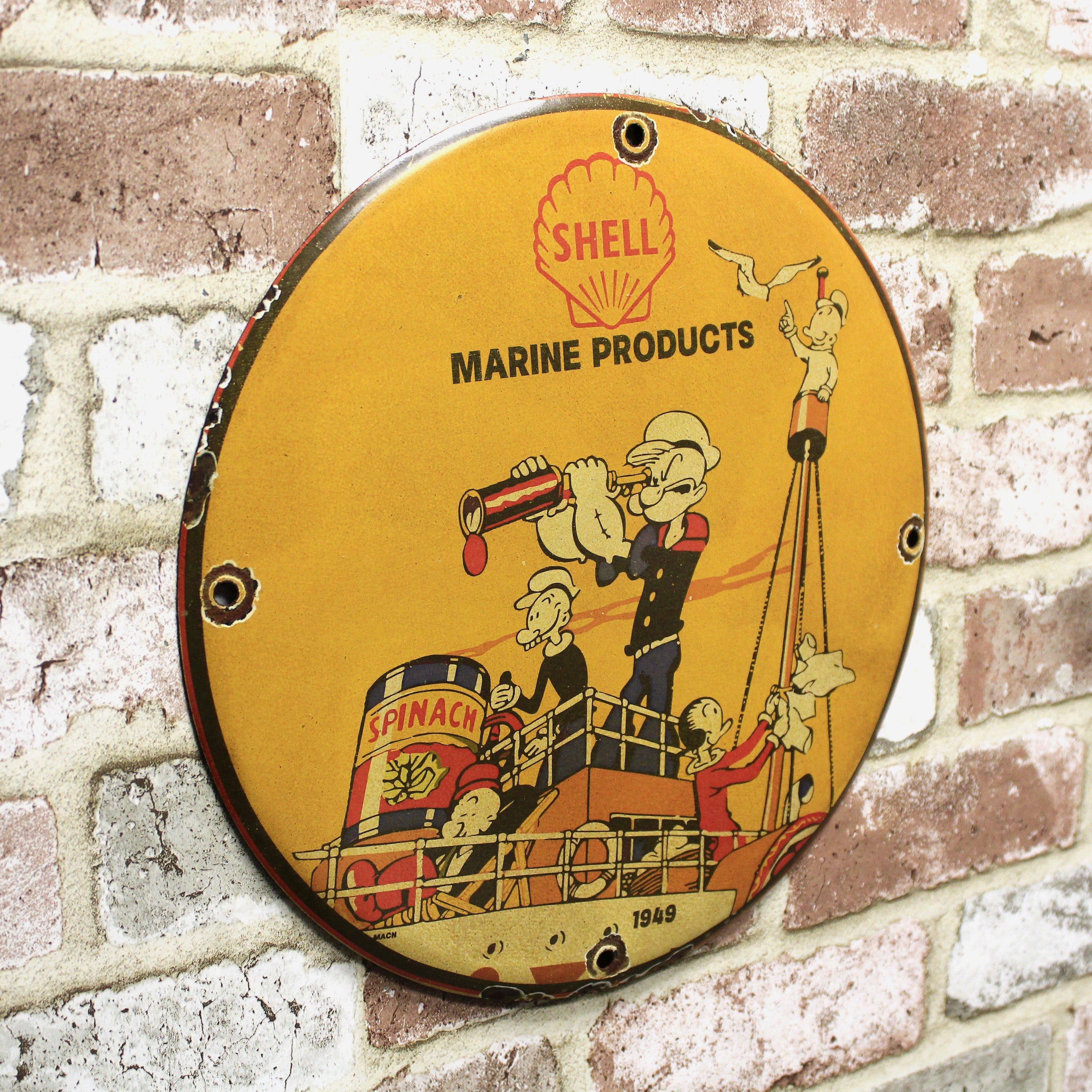Shell Marine Products Popeye & Olive Porcelain Enamel Sign (12in)