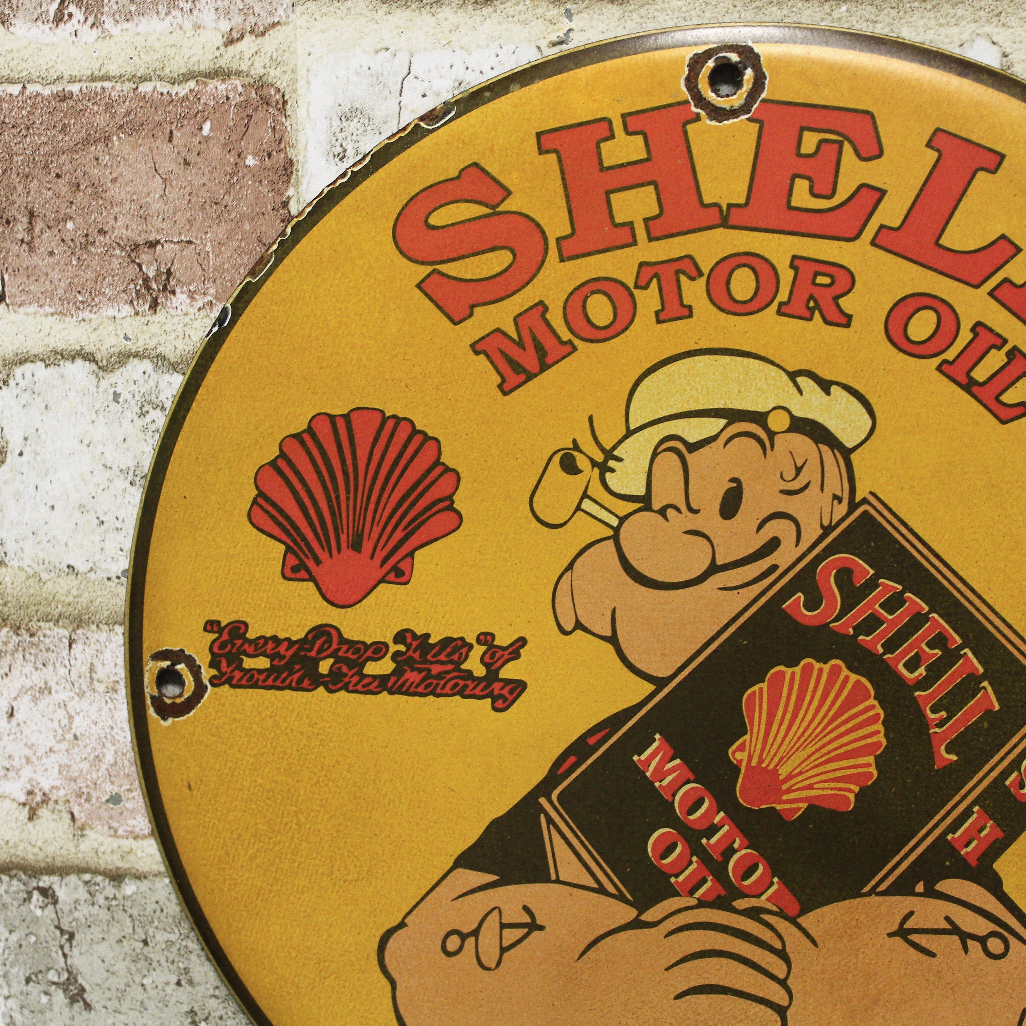 Shell Motor Oil with Popeye Vintage Porcelain Enamel Sign (12in)