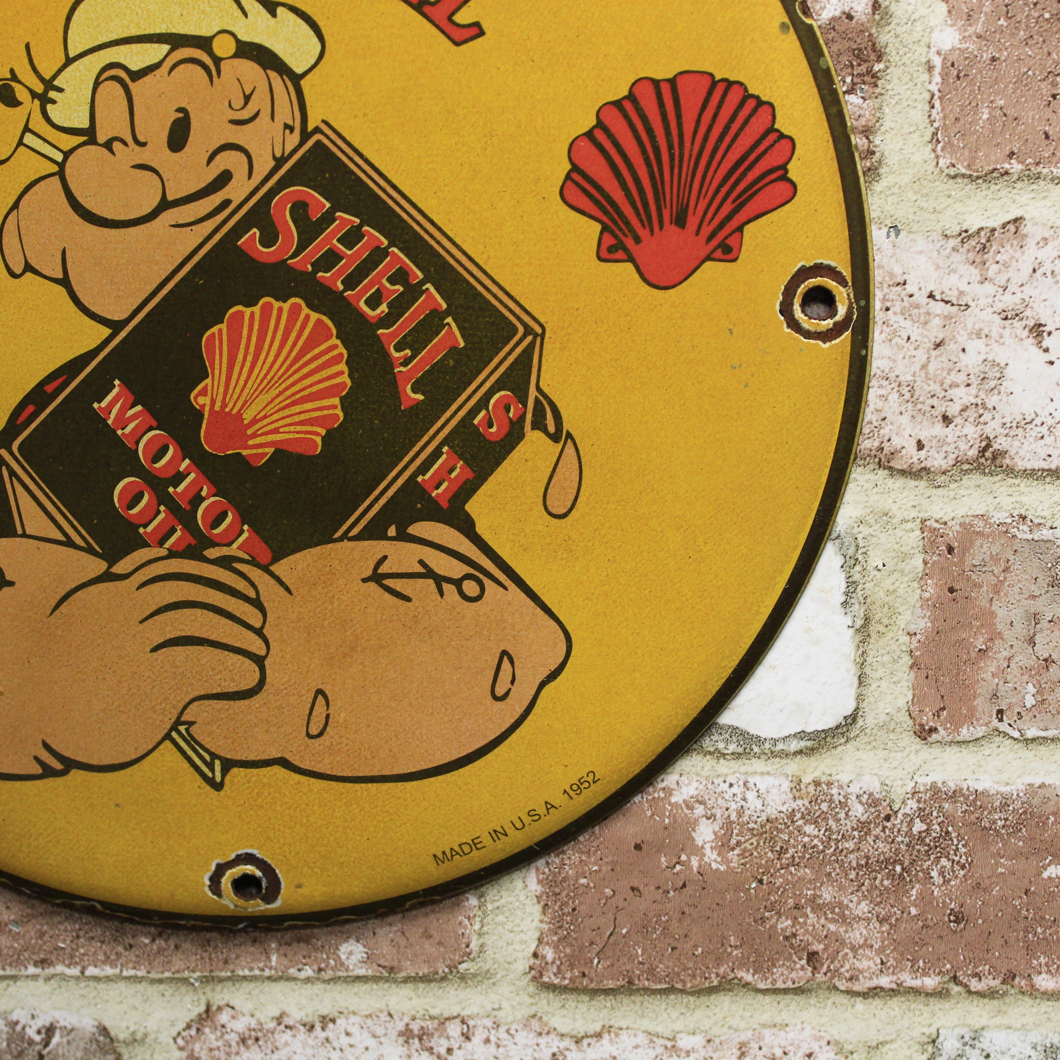 Shell Motor Oil with Popeye Vintage Porcelain Enamel Sign (12in)