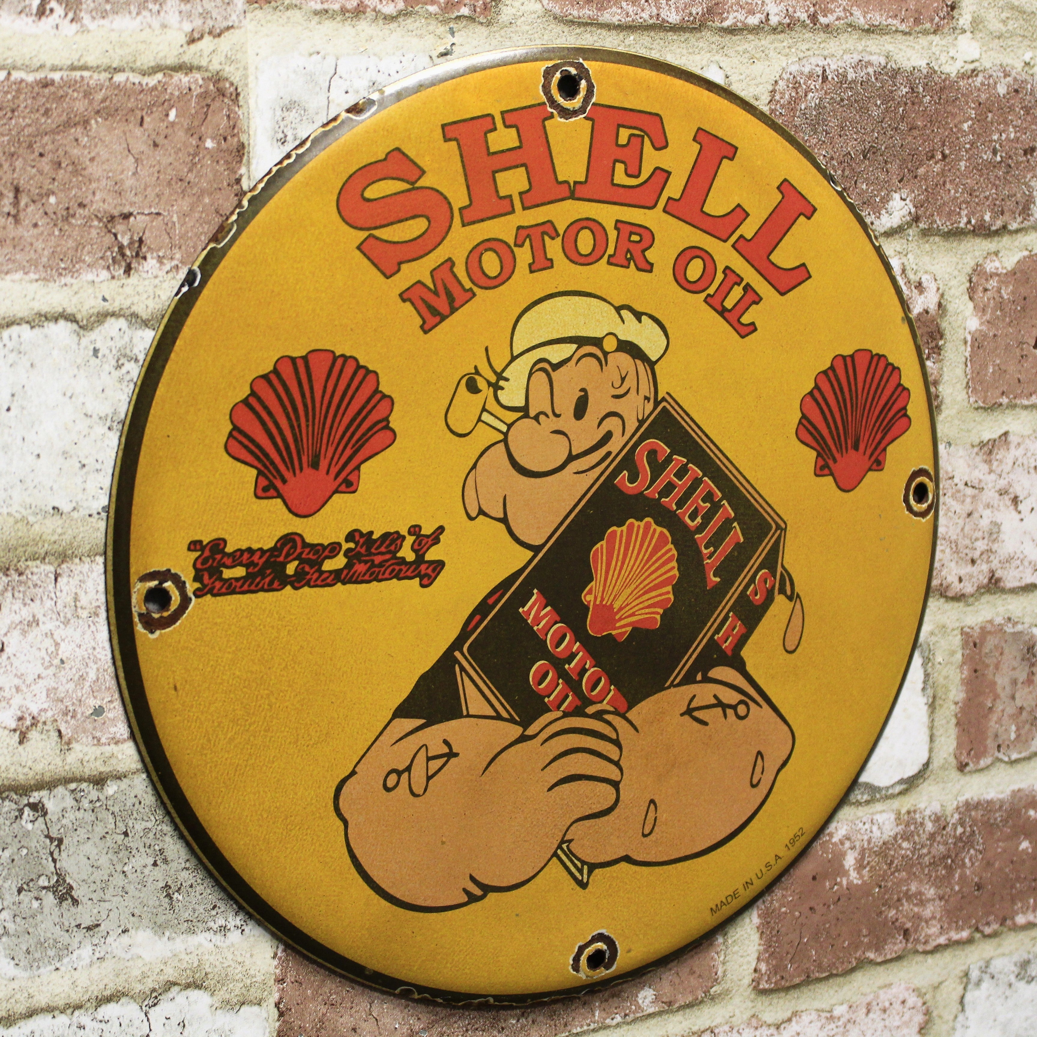 Shell Motor Oil with Popeye Vintage Porcelain Enamel Sign (12in)