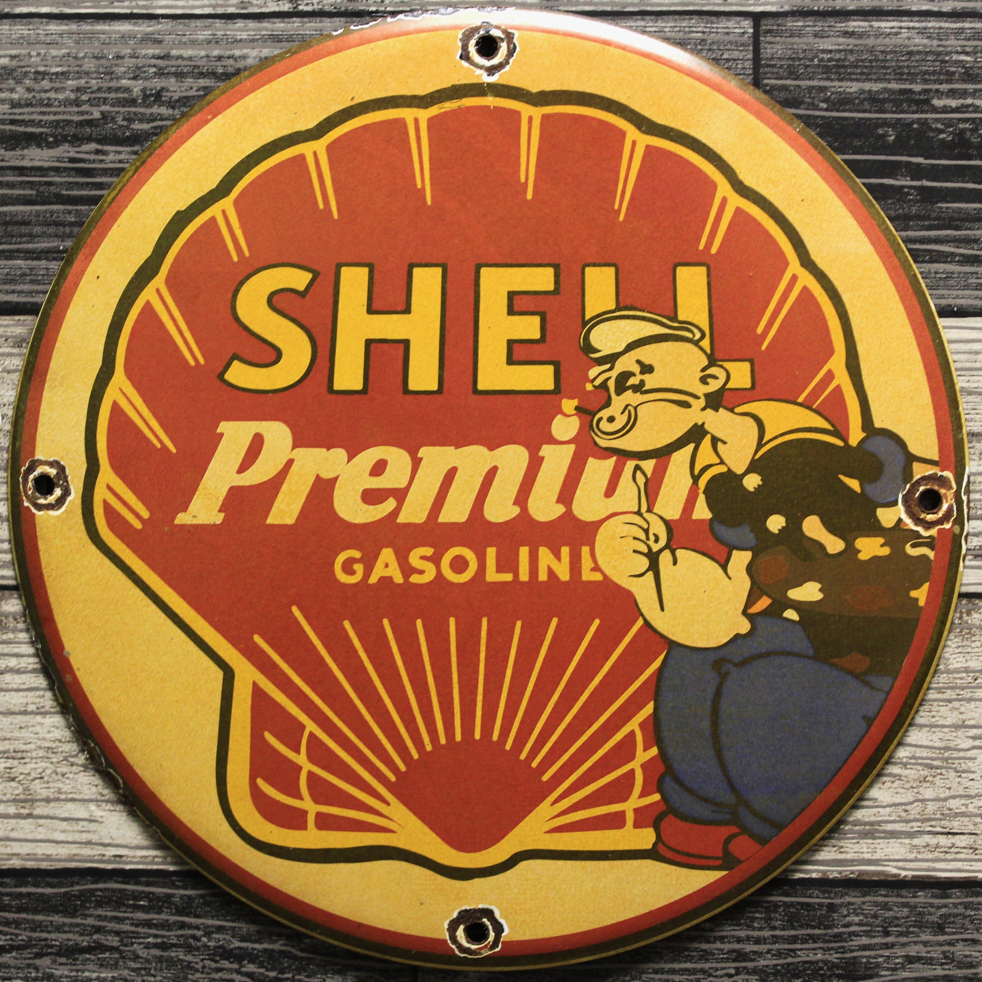 Shell Premium Gasoline with Popeye Porcelain Enamel Sign (12in)