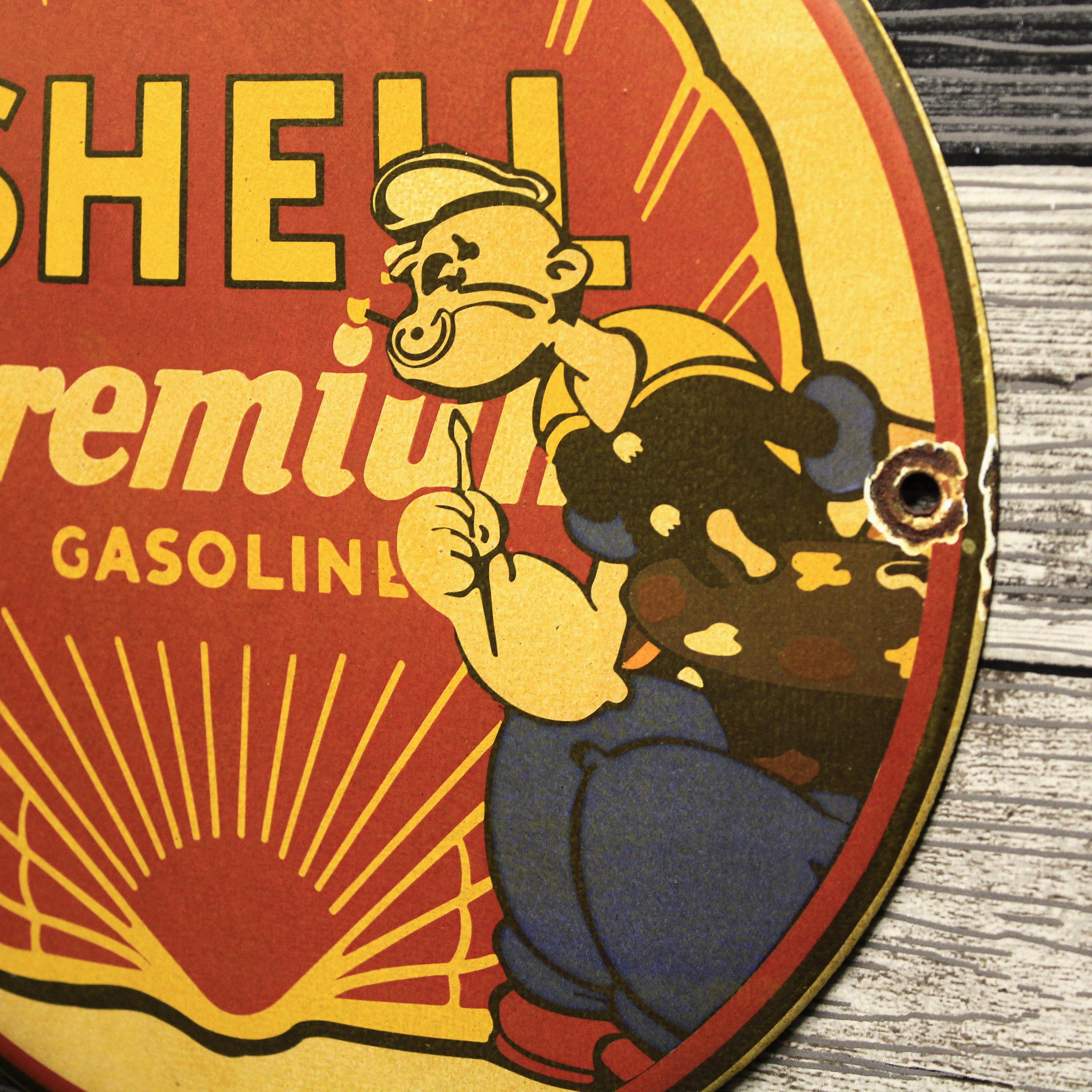 Shell Premium Gasoline with Popeye Porcelain Enamel Sign (12in)