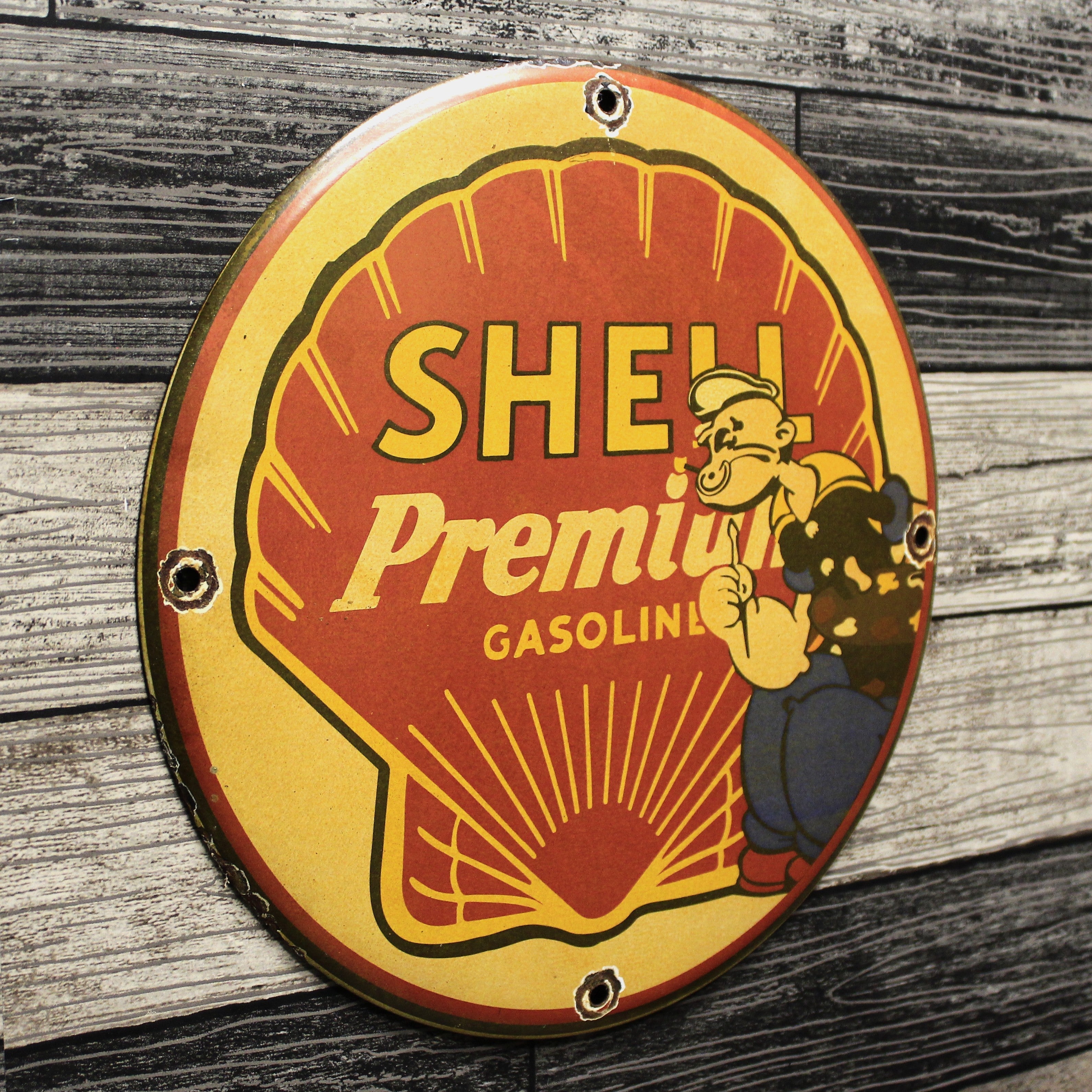 Shell Premium Gasoline with Popeye Porcelain Enamel Sign (12in)