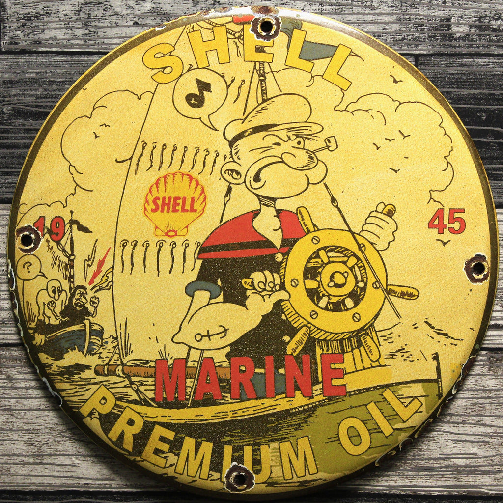 Shell Marine Premium Oil with Captain Popeye Porcelain Enamel Sign (12in)
