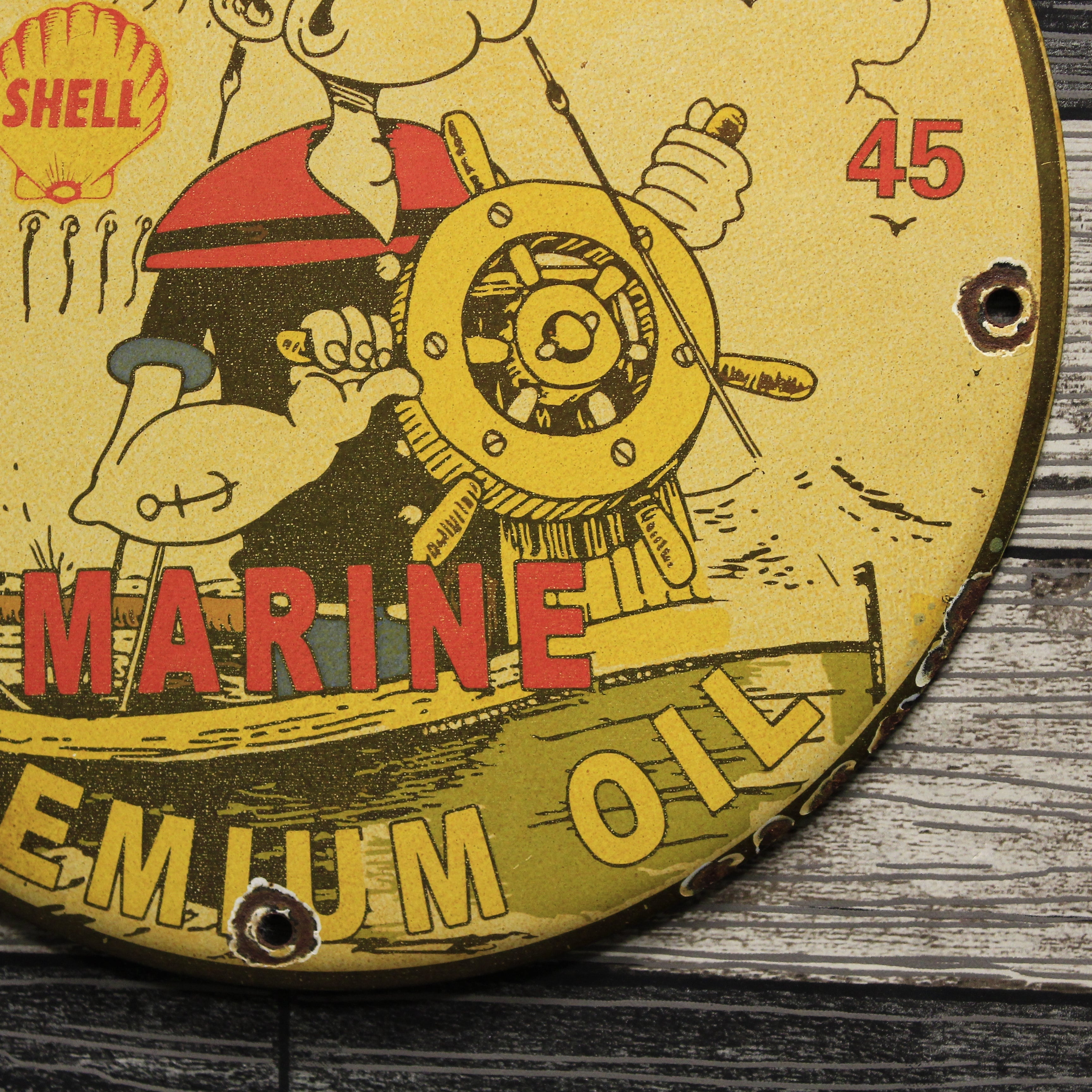 Shell Marine Premium Oil with Captain Popeye Porcelain Enamel Sign (12in)