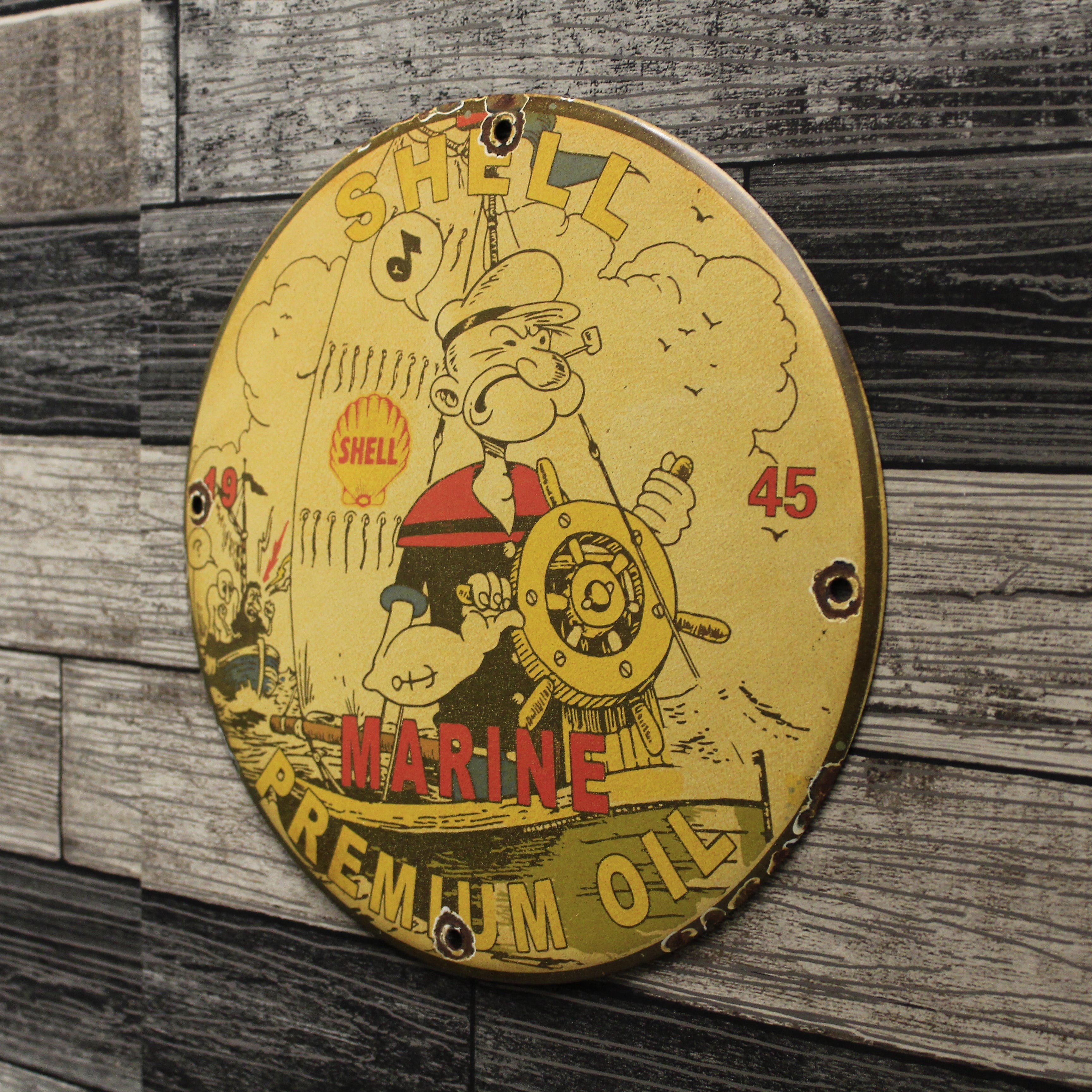 Shell Marine Premium Oil with Captain Popeye Porcelain Enamel Sign (12in)