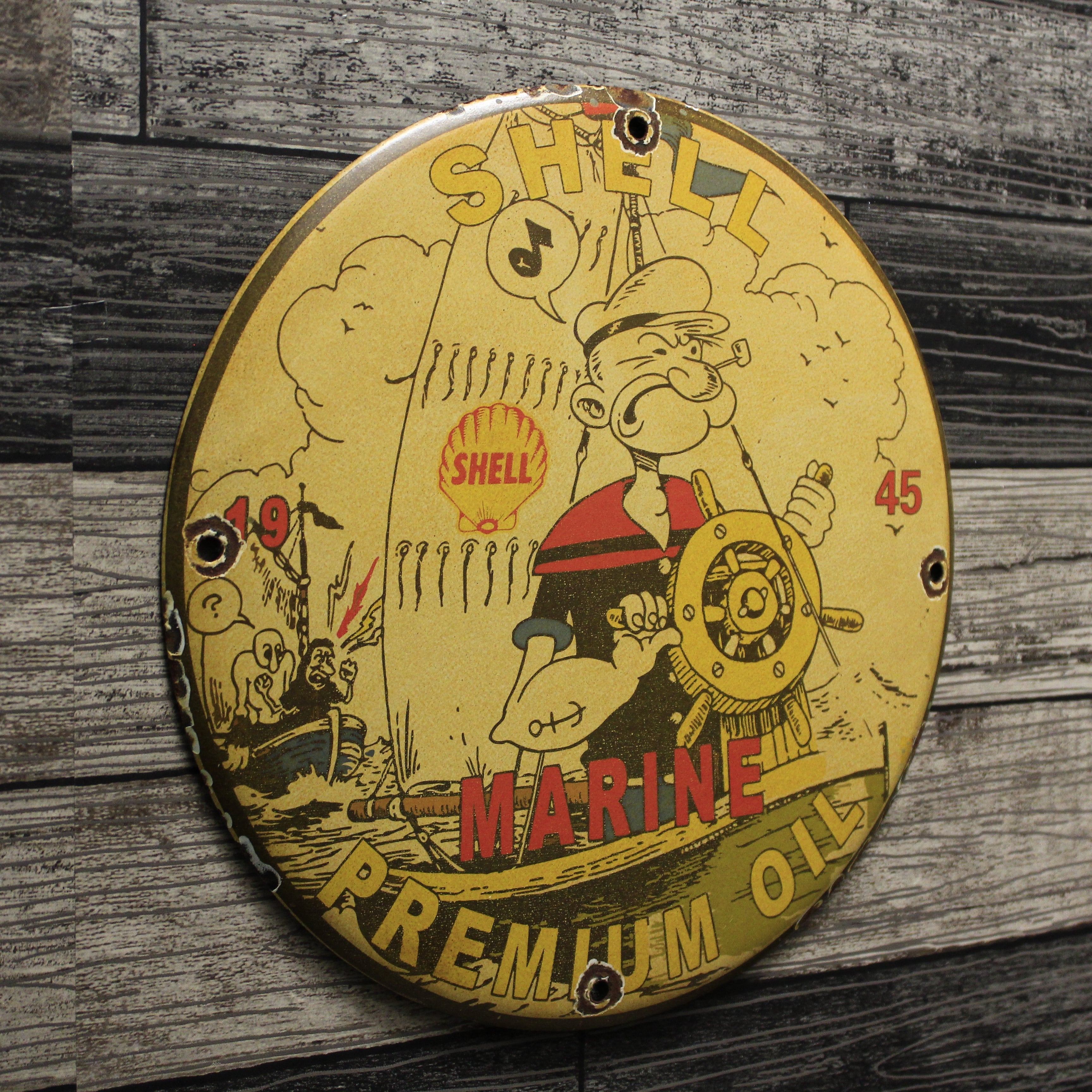 Shell Marine Premium Oil with Captain Popeye Porcelain Enamel Sign (12in)