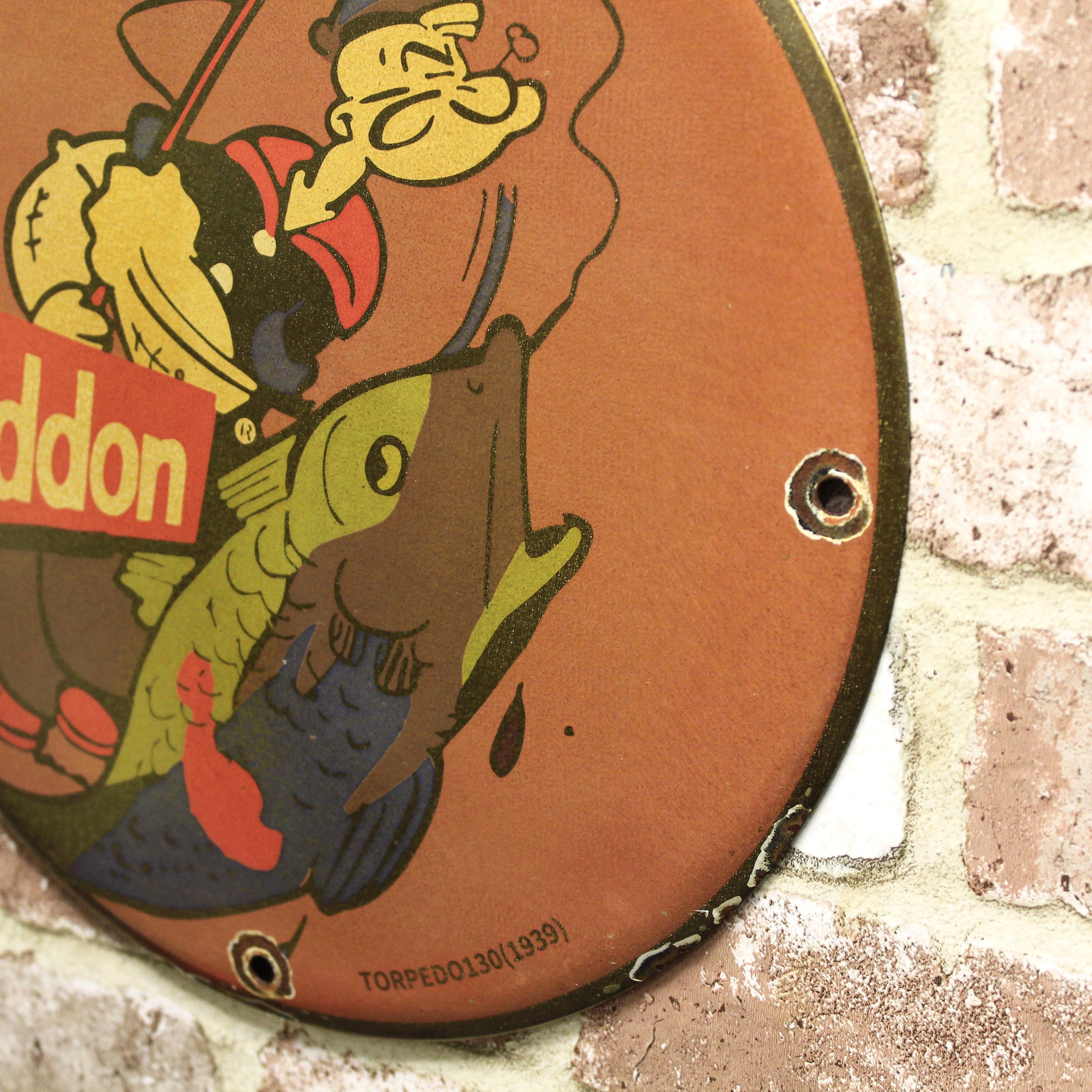 Heddon Fishing Popeye Vintage Porcelain Enamel Sign (12in)