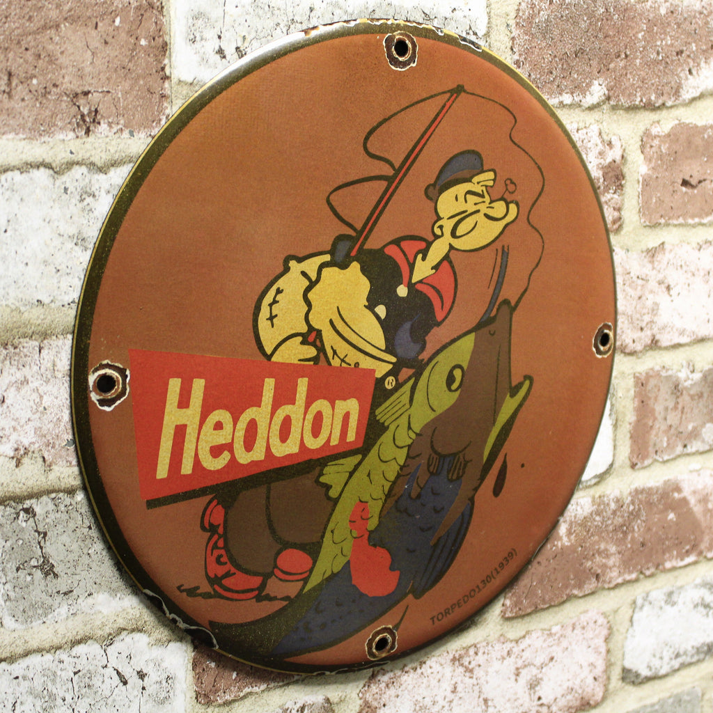 Heddon Fishing Popeye Vintage Porcelain Enamel Sign (12in)