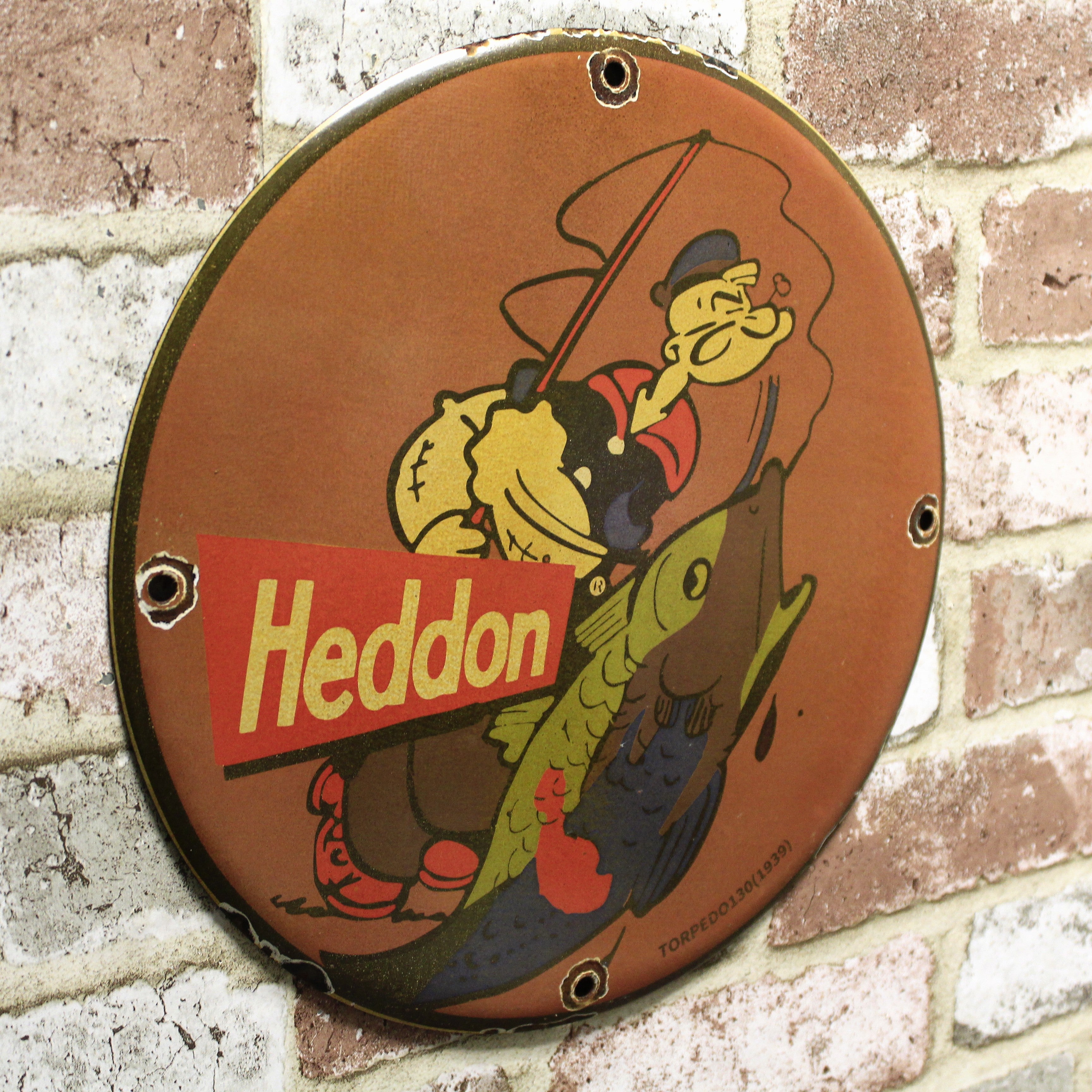 Heddon Fishing Popeye Vintage Porcelain Enamel Sign (12in)