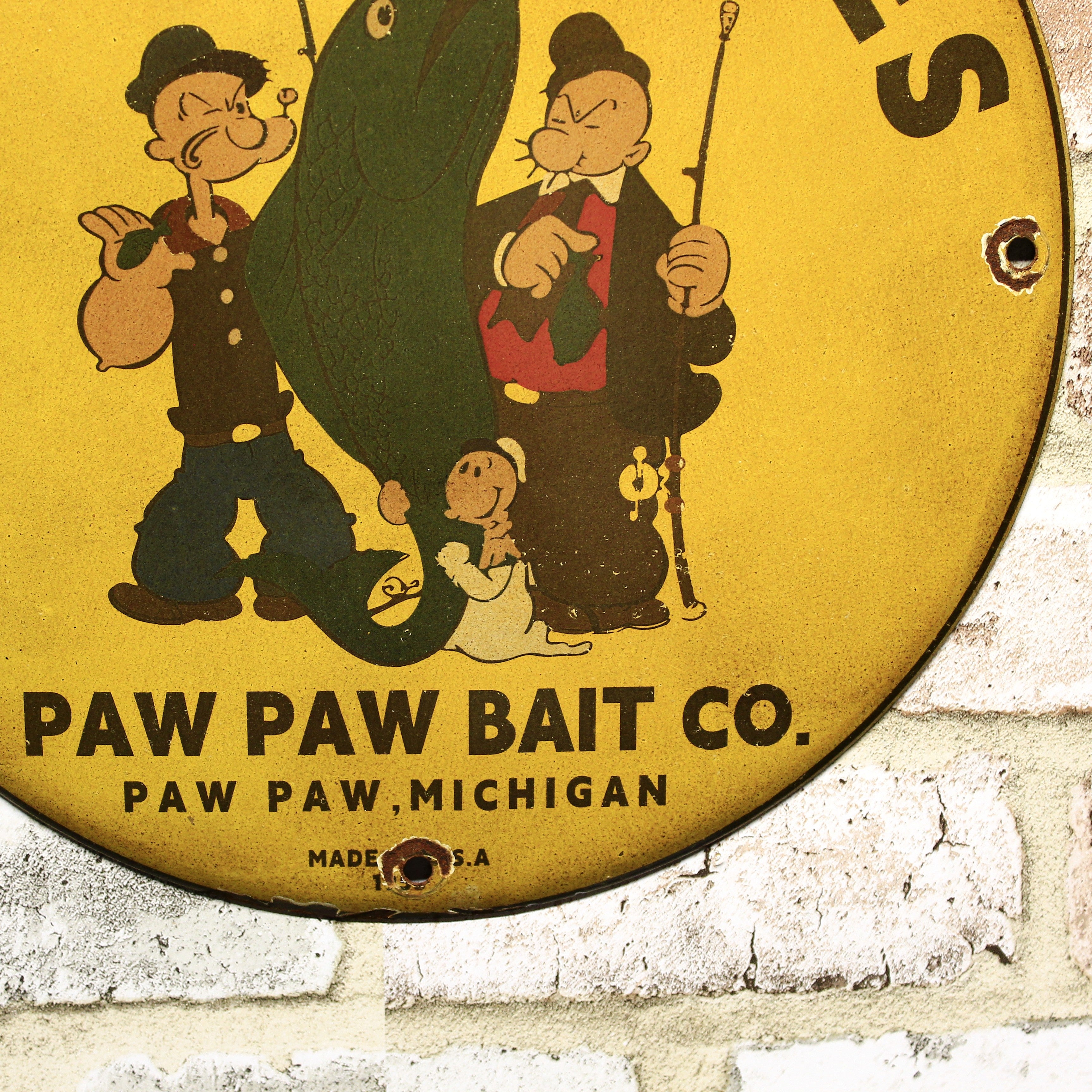 Fishing Lures Paw Paw Bait Co with Popeye Porcelain Enamel Sign (12in)