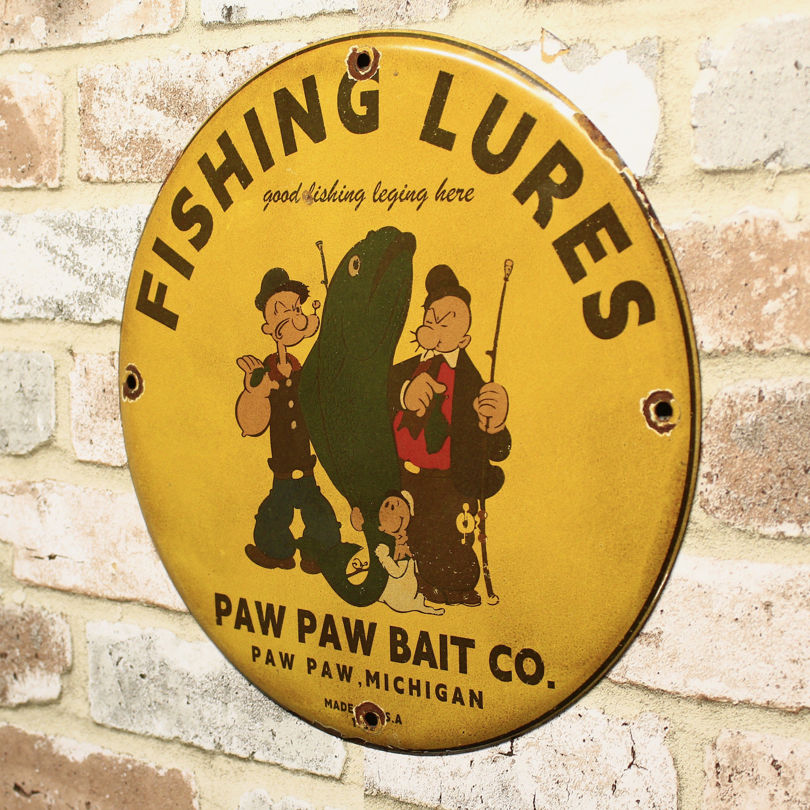 Fishing Lures Paw Paw Bait Co with Popeye Porcelain Enamel Sign (12in)