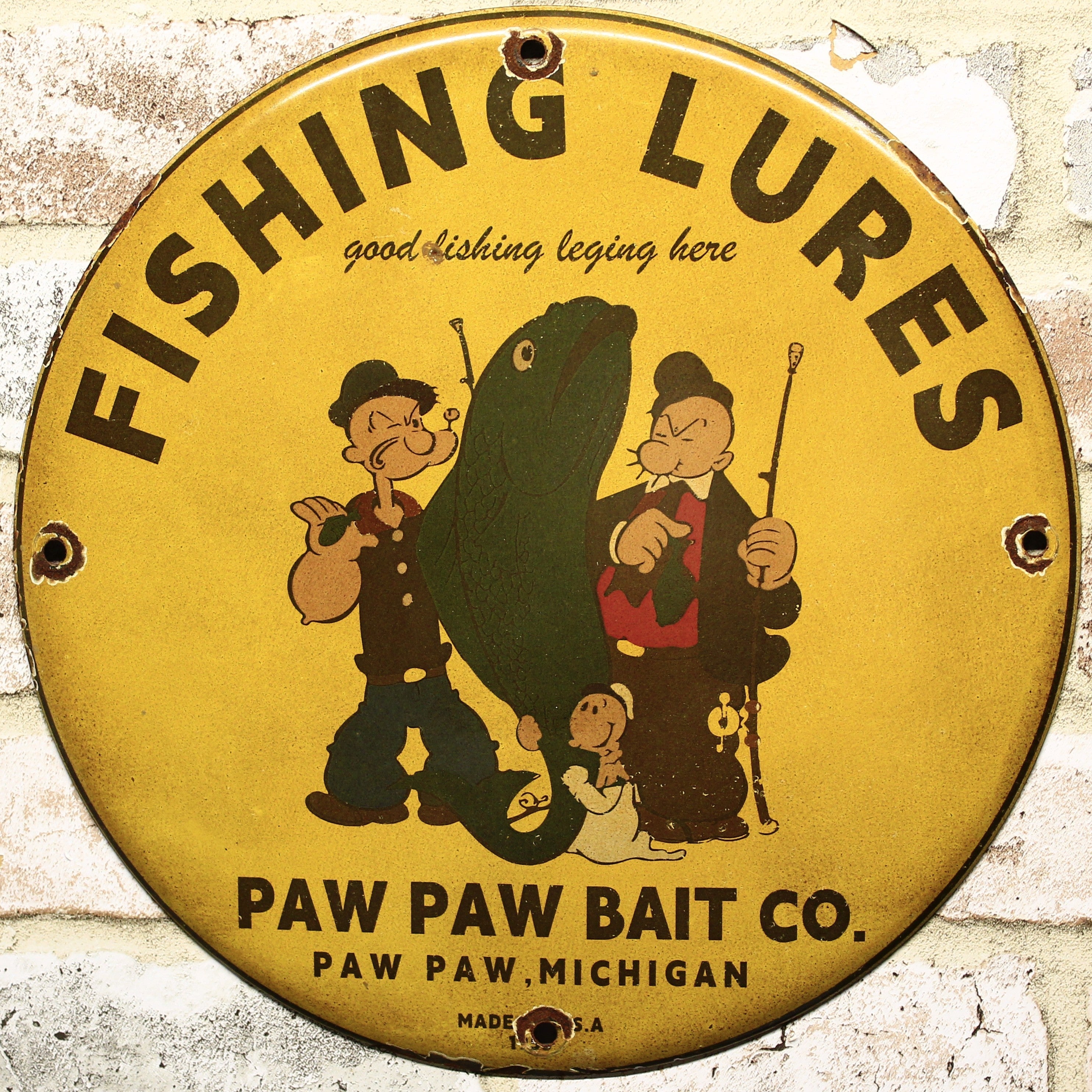 Fishing Lures Paw Paw Bait Co with Popeye Porcelain Enamel Sign (12in)