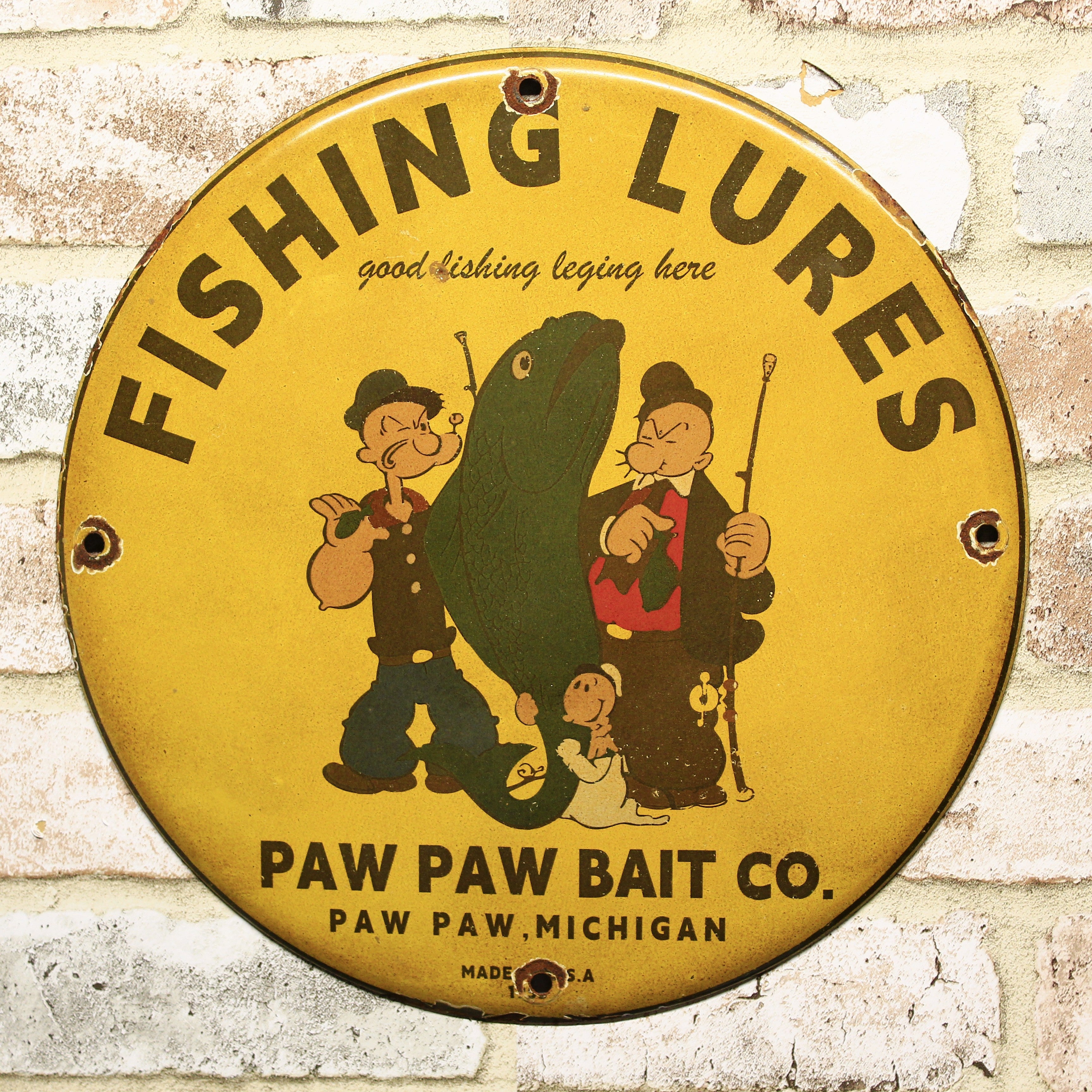 Fishing Lures Paw Paw Bait Co with Popeye Porcelain Enamel Sign (12in)