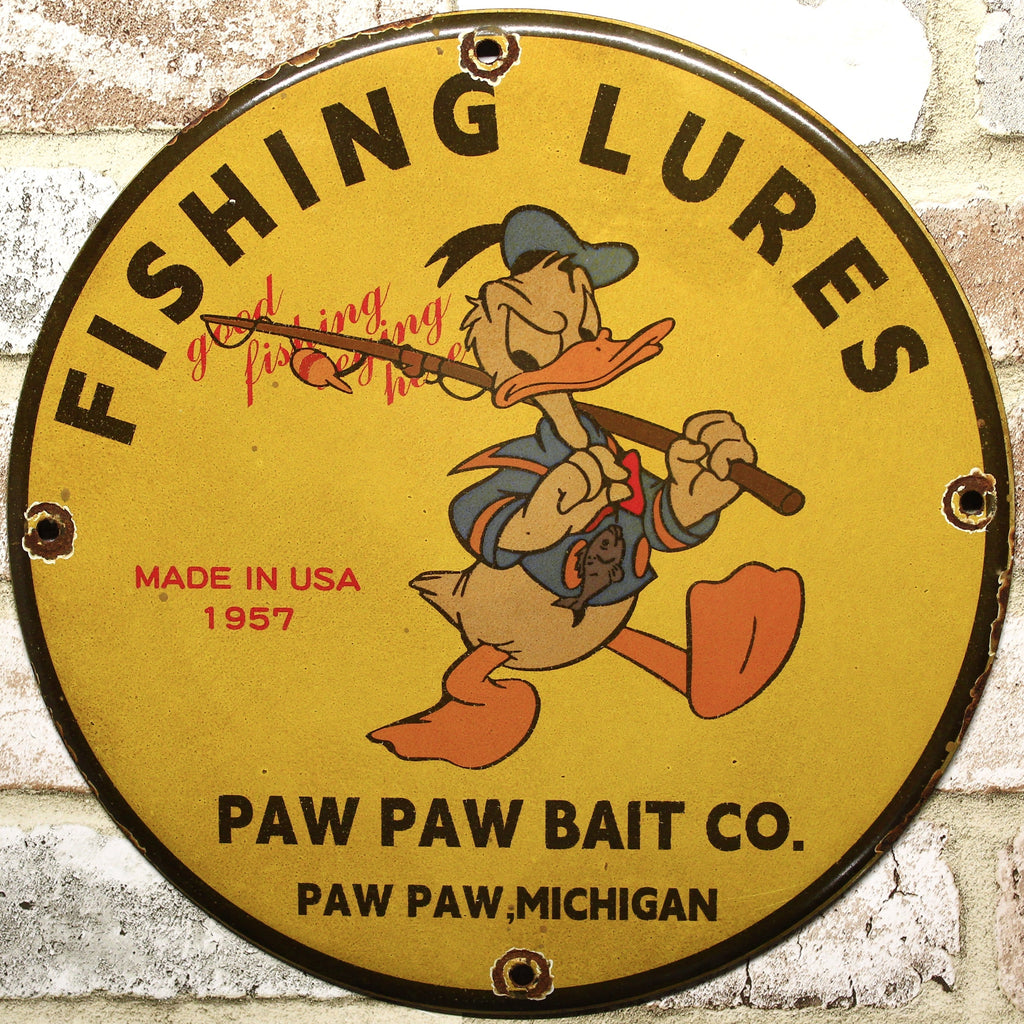 Donald Duck Fishing Lures Paw Paw Bait Co Porcelain Enamel Sign (12in)