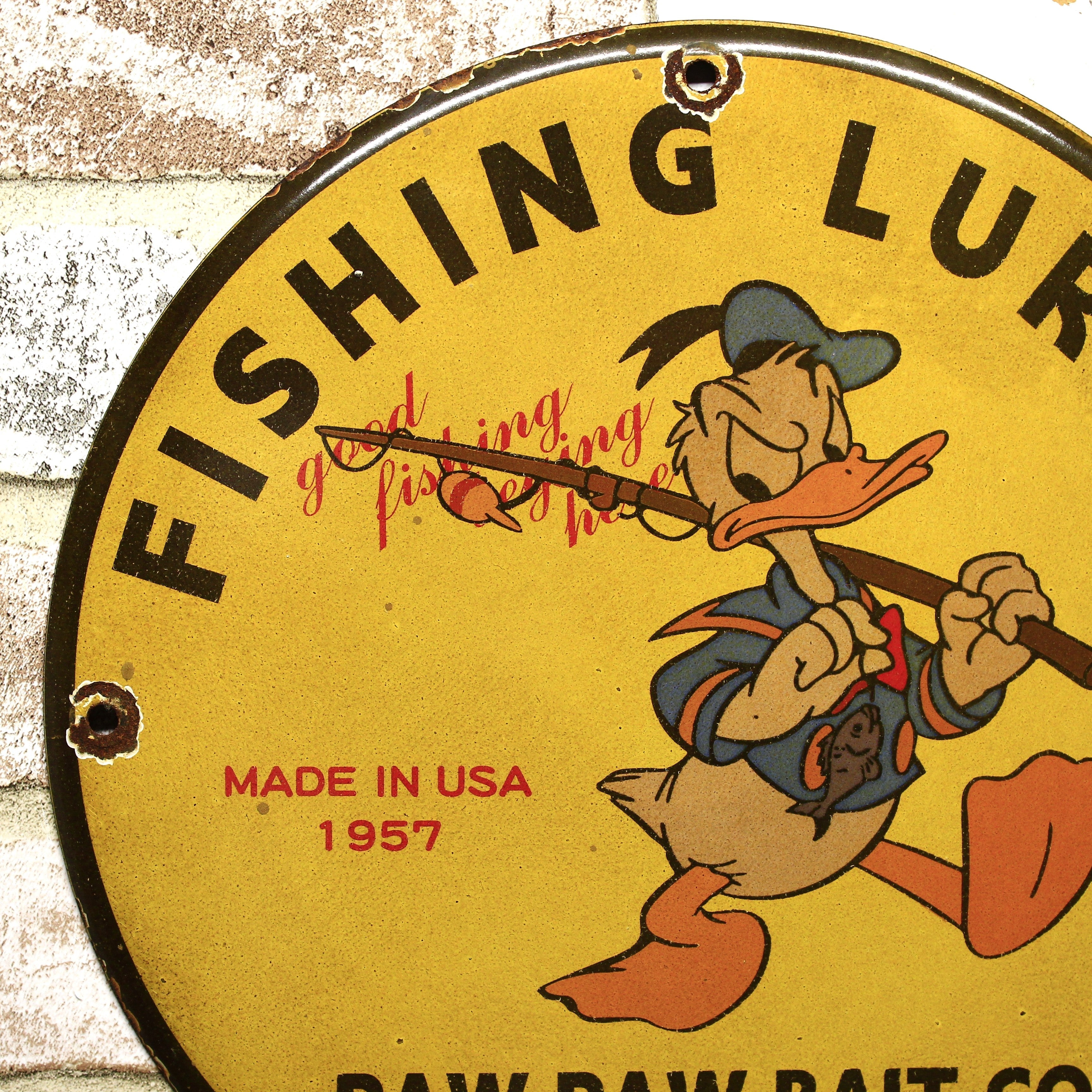 Donald Duck Fishing Lures Paw Paw Bait Co Porcelain Enamel Sign (12in)
