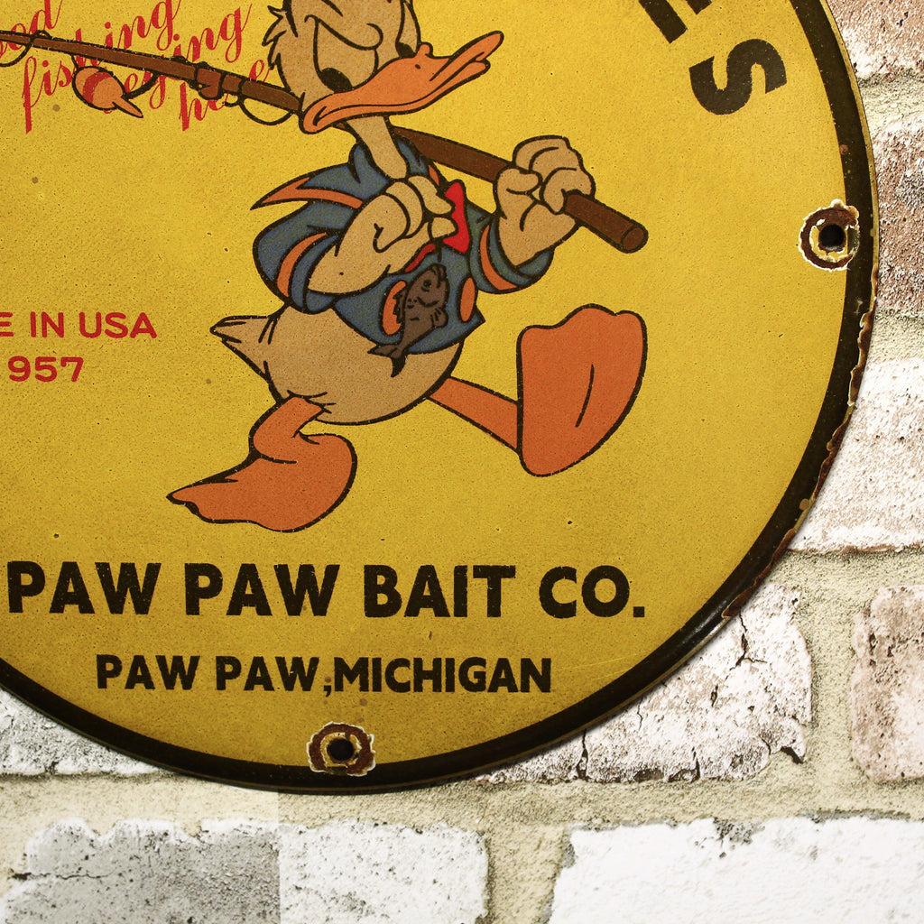 Donald Duck Fishing Lures Paw Paw Bait Co Porcelain Enamel Sign (12in)