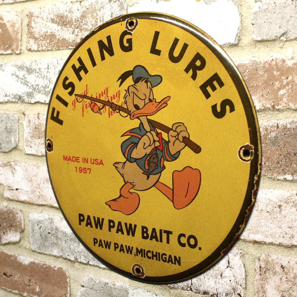 Donald Duck Fishing Lures Paw Paw Bait Co Porcelain Enamel Sign (12in)