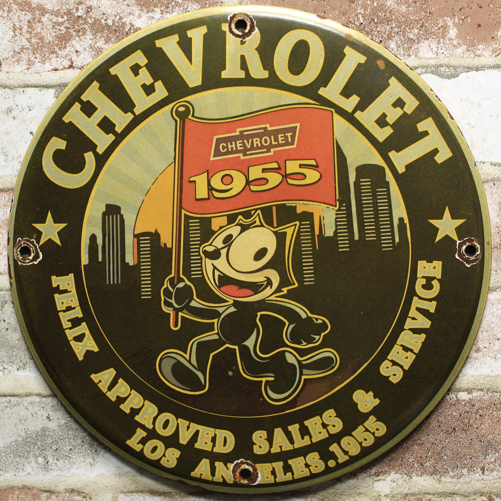 Felix the Cat Approved 1955 Chevrolet Service Porcelain Enamel Sign (12in)