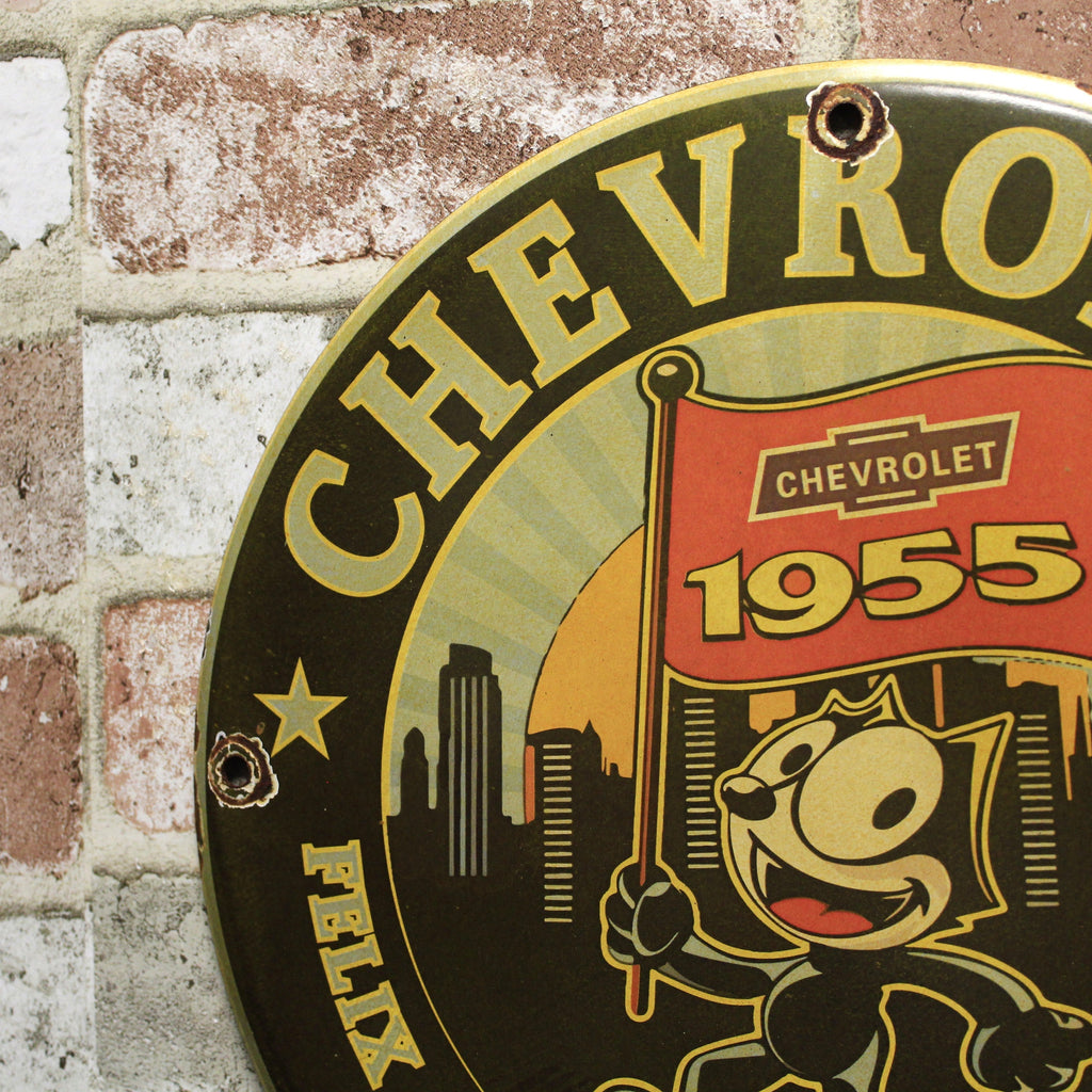 Felix the Cat Approved 1955 Chevrolet Service Porcelain Enamel Sign (12in)