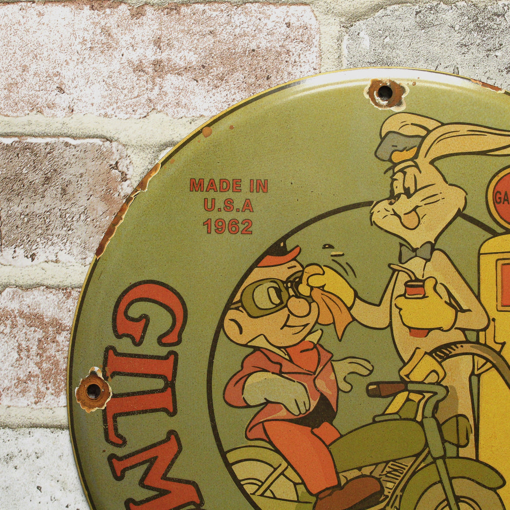 Gilmore Gasoline Bugs Bunny & Elmer Fudd Porcelain Enamel Sign (12in)