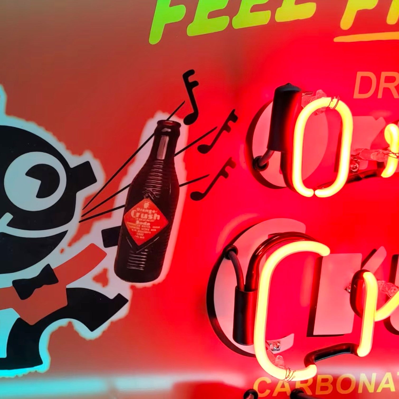 Orange Crush Neon Sign with Crushy - Real Glass, Porcelain, Metal Can - Vintage Soda Advertising