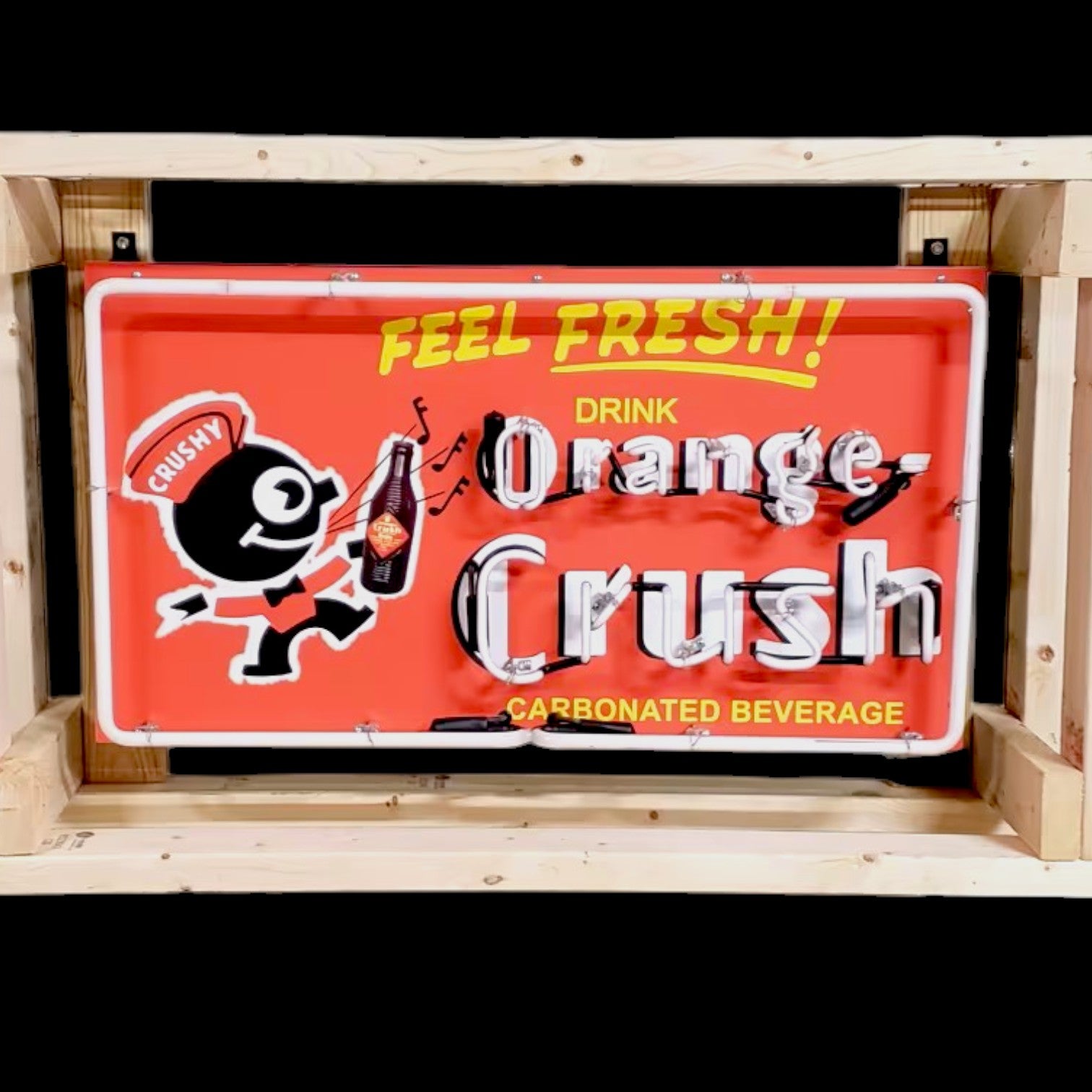 Orange Crush Neon Sign with Crushy - Real Glass, Porcelain, Metal Can - Vintage Soda Advertising