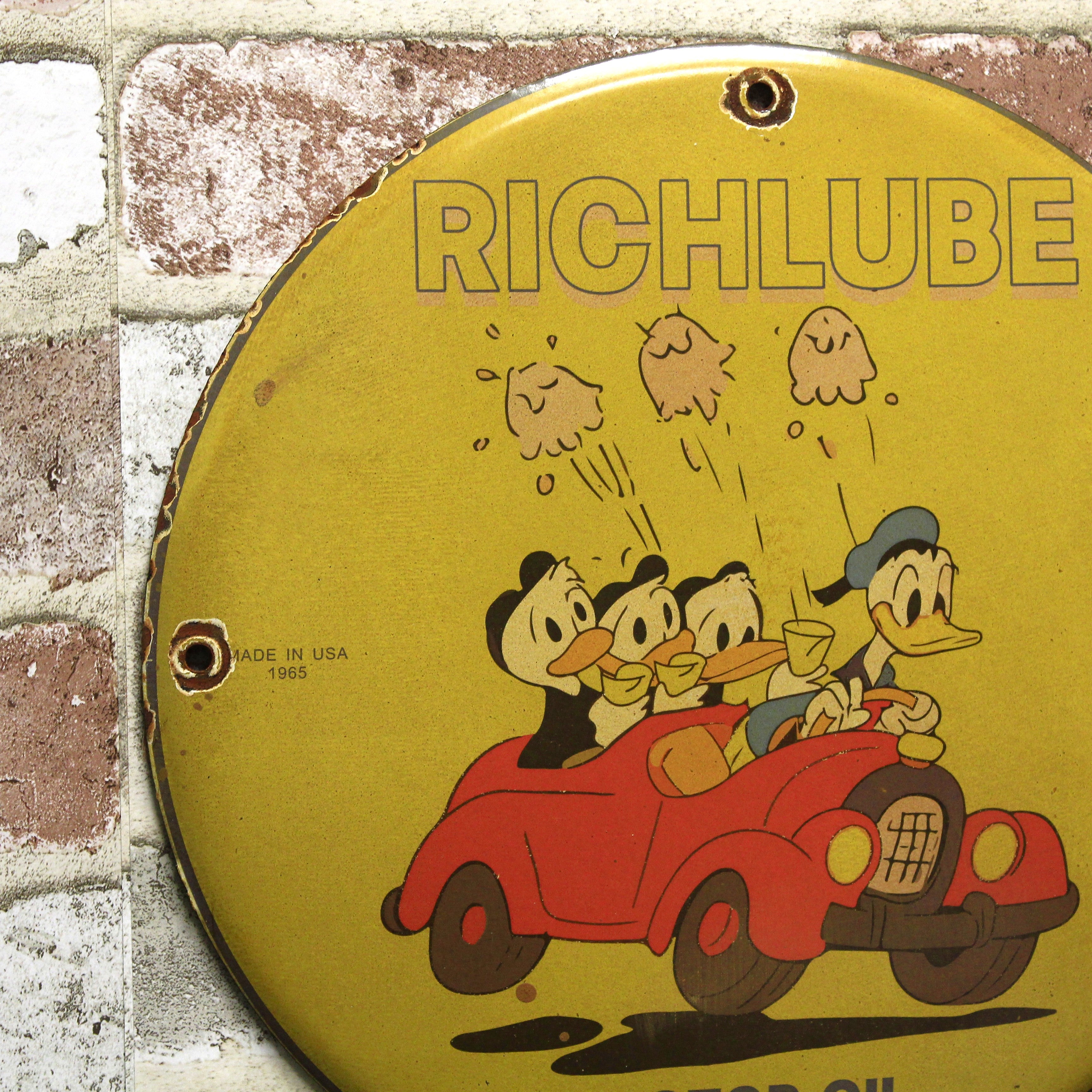 Richlube Motor Oil Donald Duck & Kids Porcelain Enamel Sign (12in)
