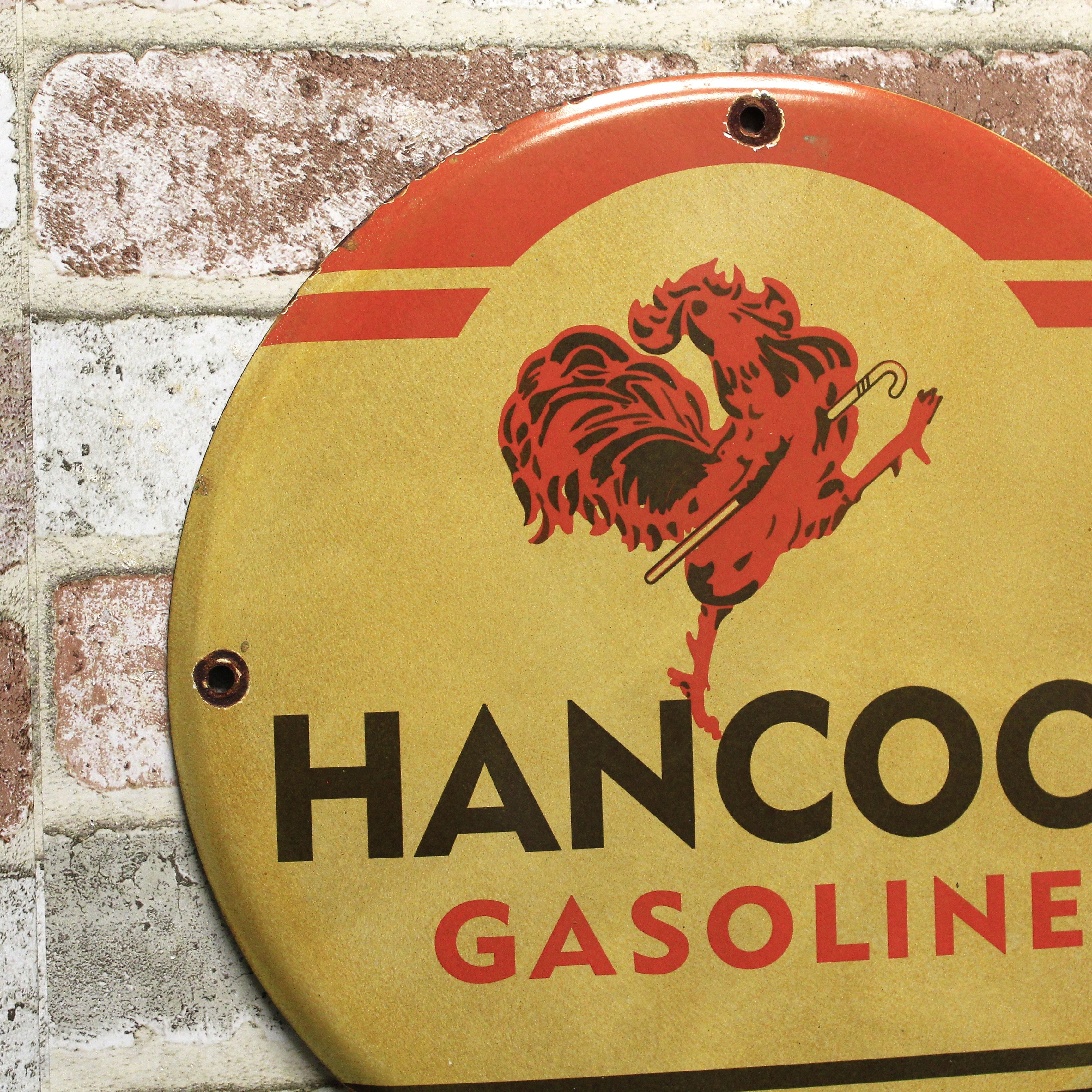 Hancock Gasoline Vintage Porcelain Enamel Sign (12in)