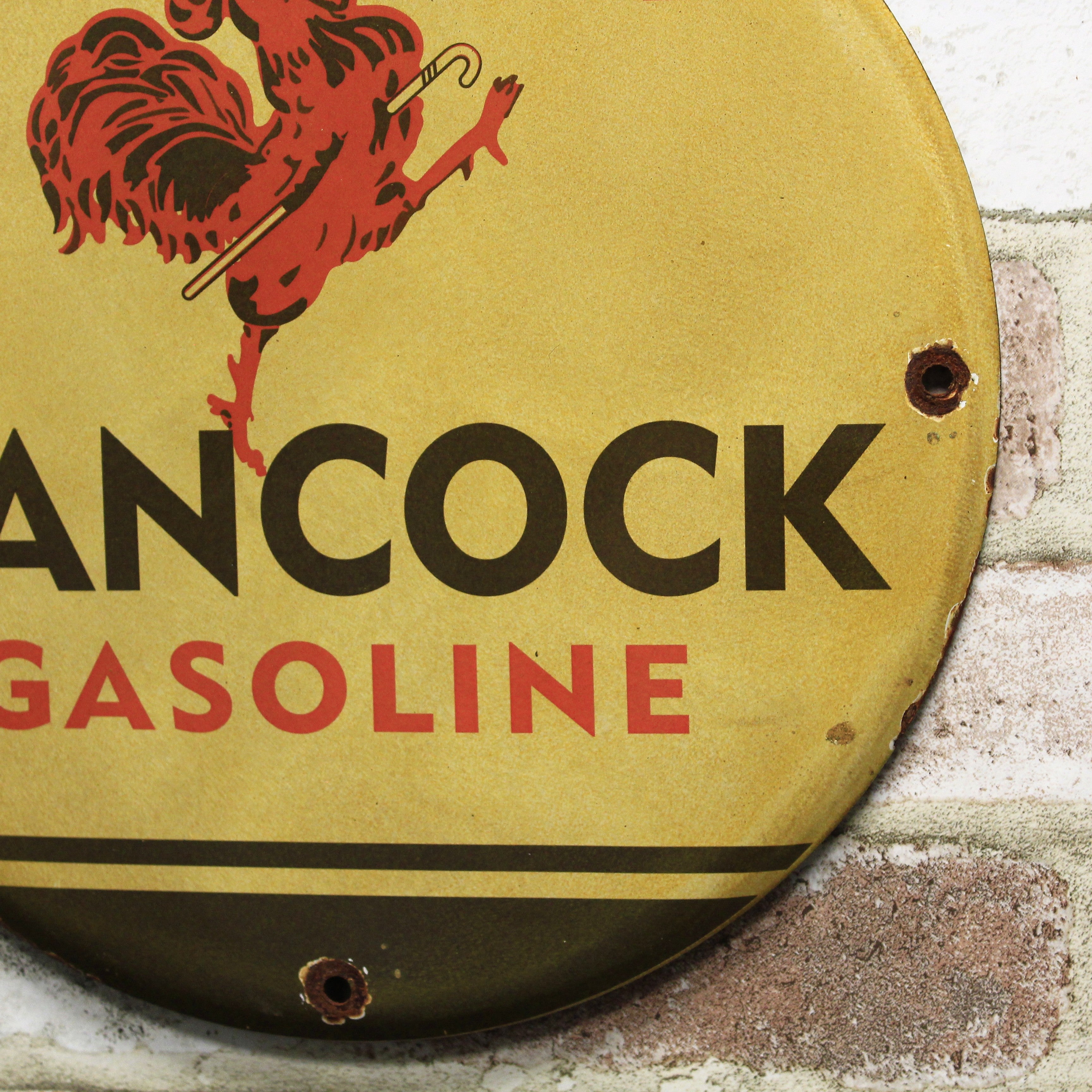 Hancock Gasoline Vintage Porcelain Enamel Sign (12in)