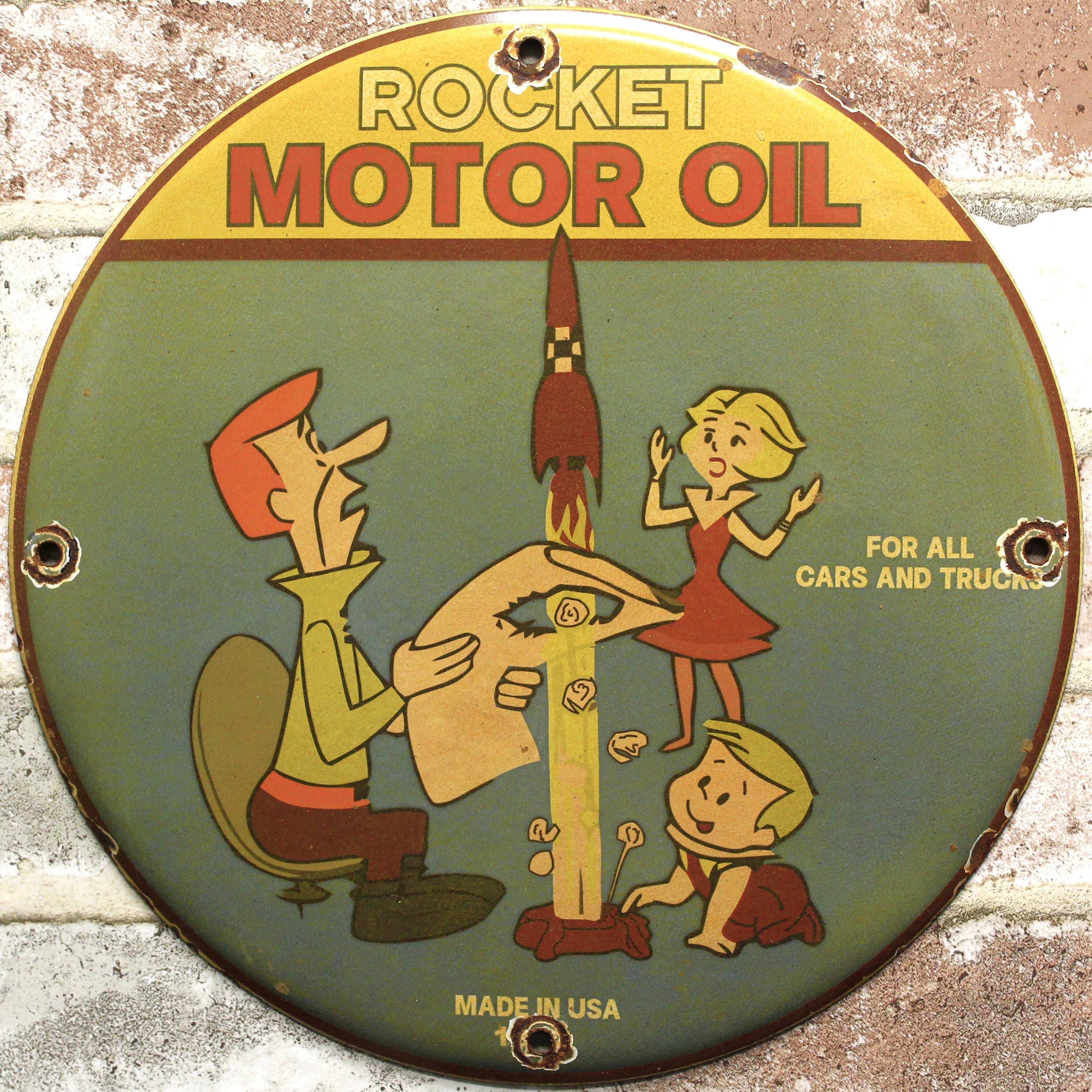 The Jetsons Rocket Motor Oil Vintage Porcelain Enamel Sign (12in)