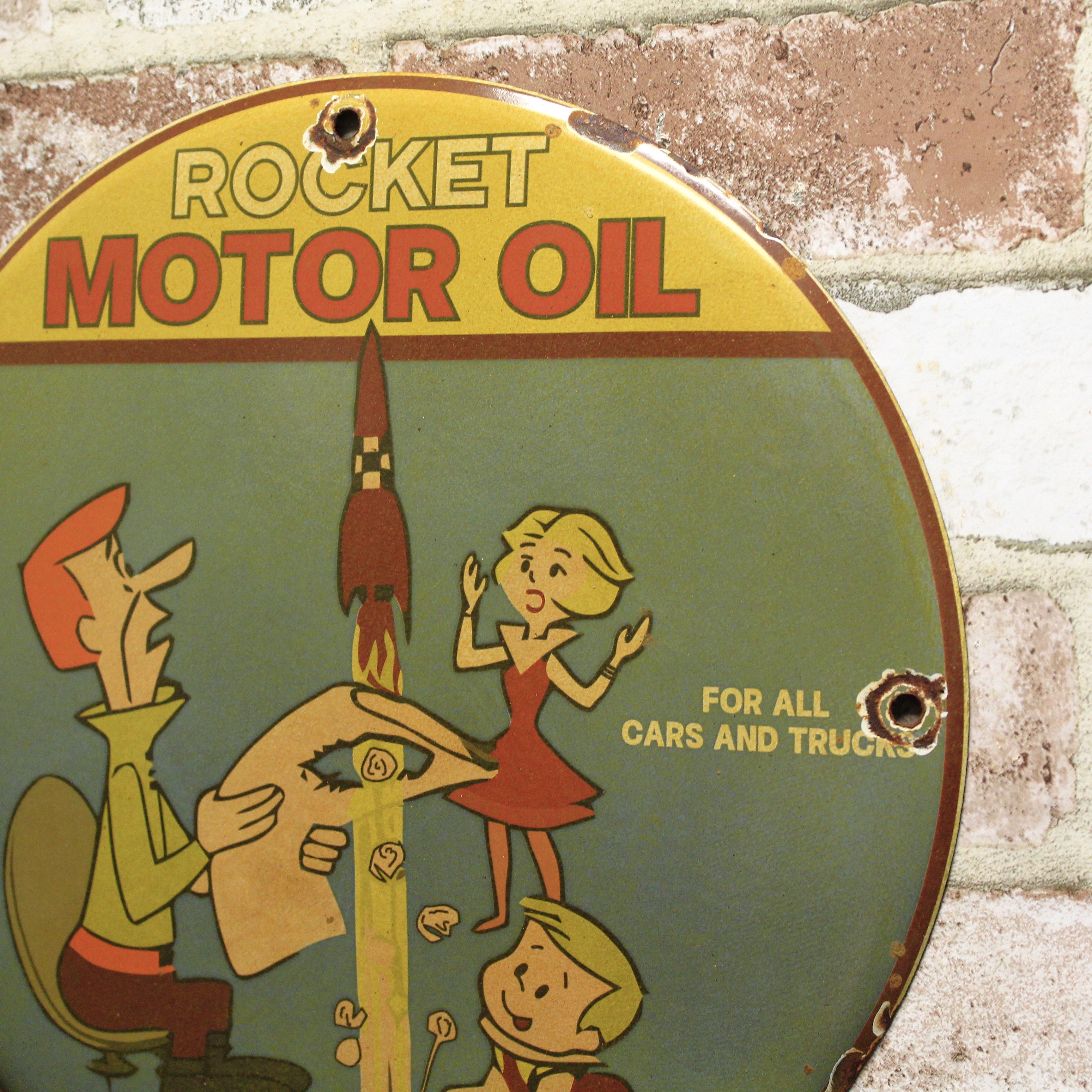 The Jetsons Rocket Motor Oil Vintage Porcelain Enamel Sign (12in)