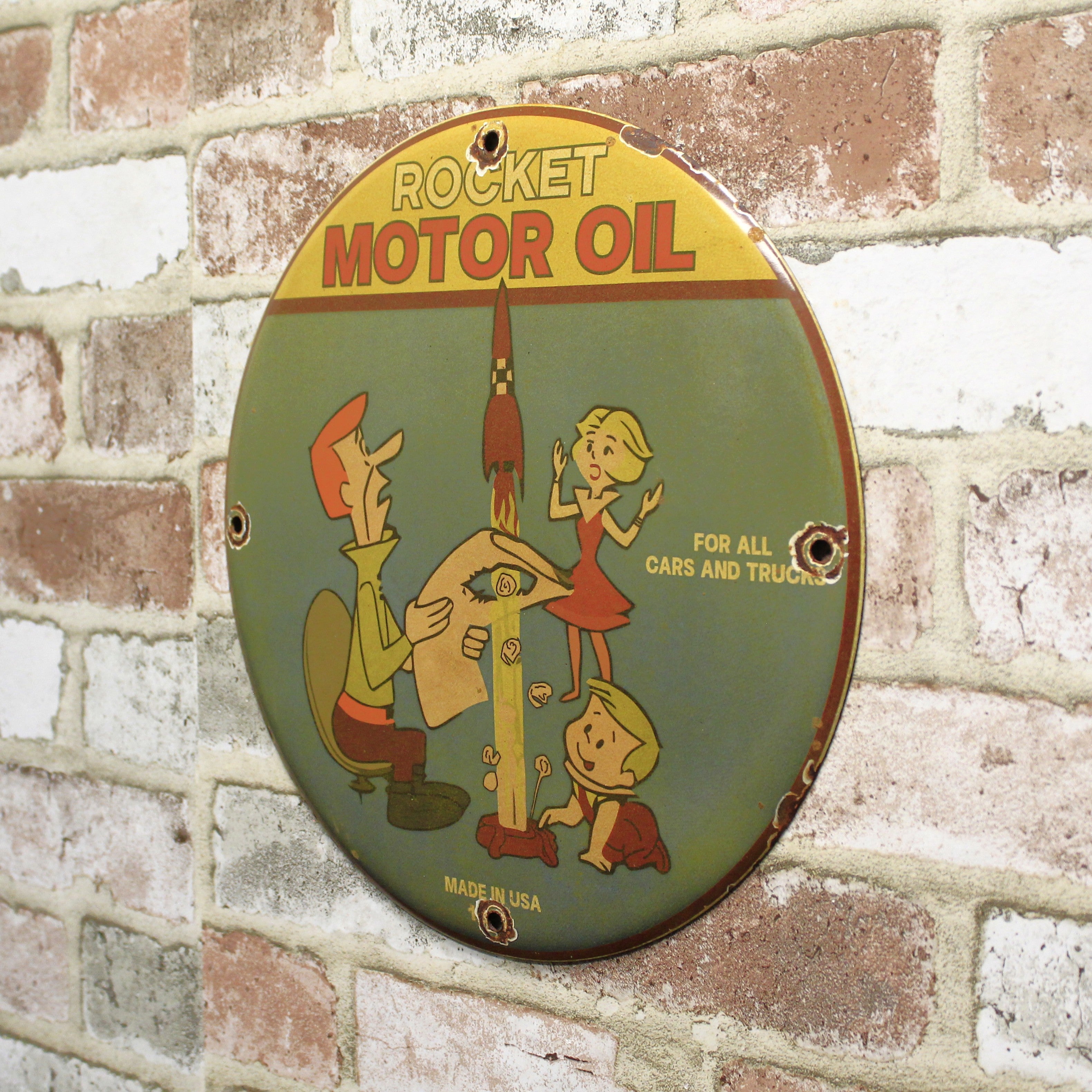 The Jetsons Rocket Motor Oil Vintage Porcelain Enamel Sign (12in)