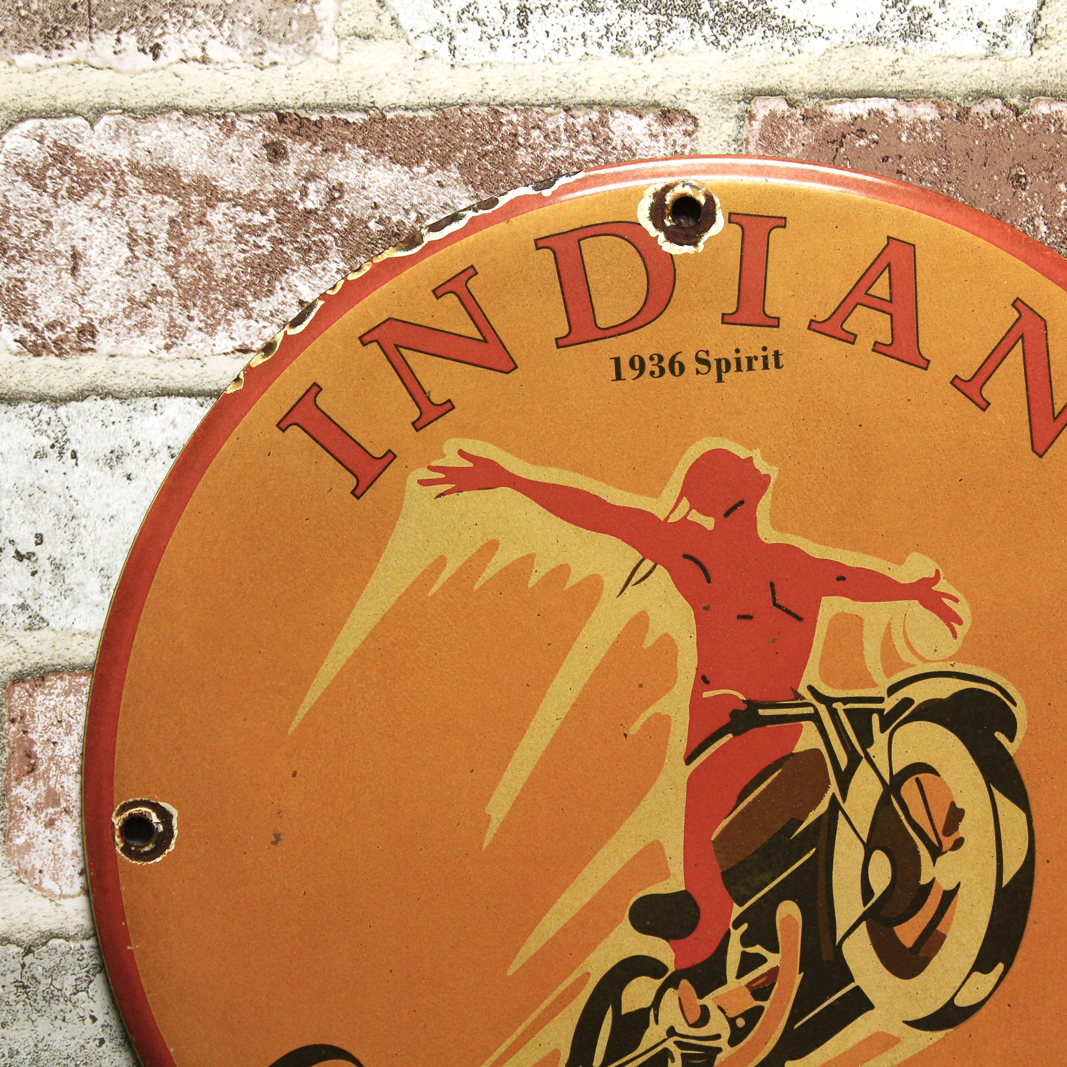 Indian Gasoline 1936 Spirit Porcelain Enamel Sign (12in)