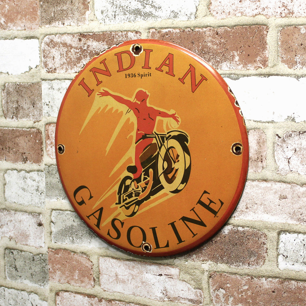 Indian Gasoline 1936 Spirit Porcelain Enamel Sign (12in)