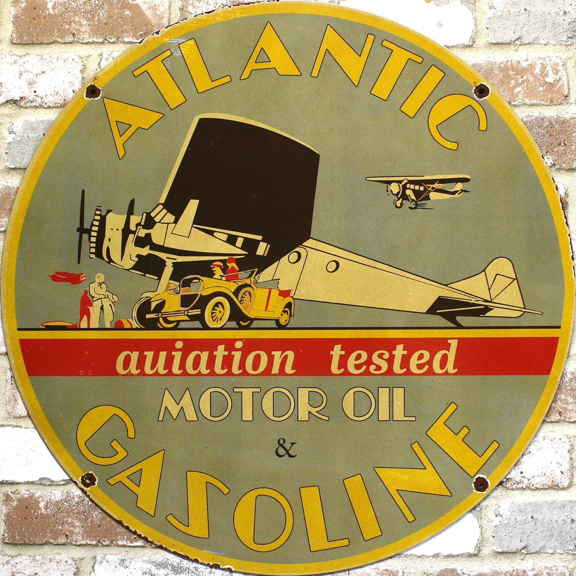 2Ft Atlantic Gasoline Aviation Motor Oil Porcelain Enamel Sign (24-Inch)